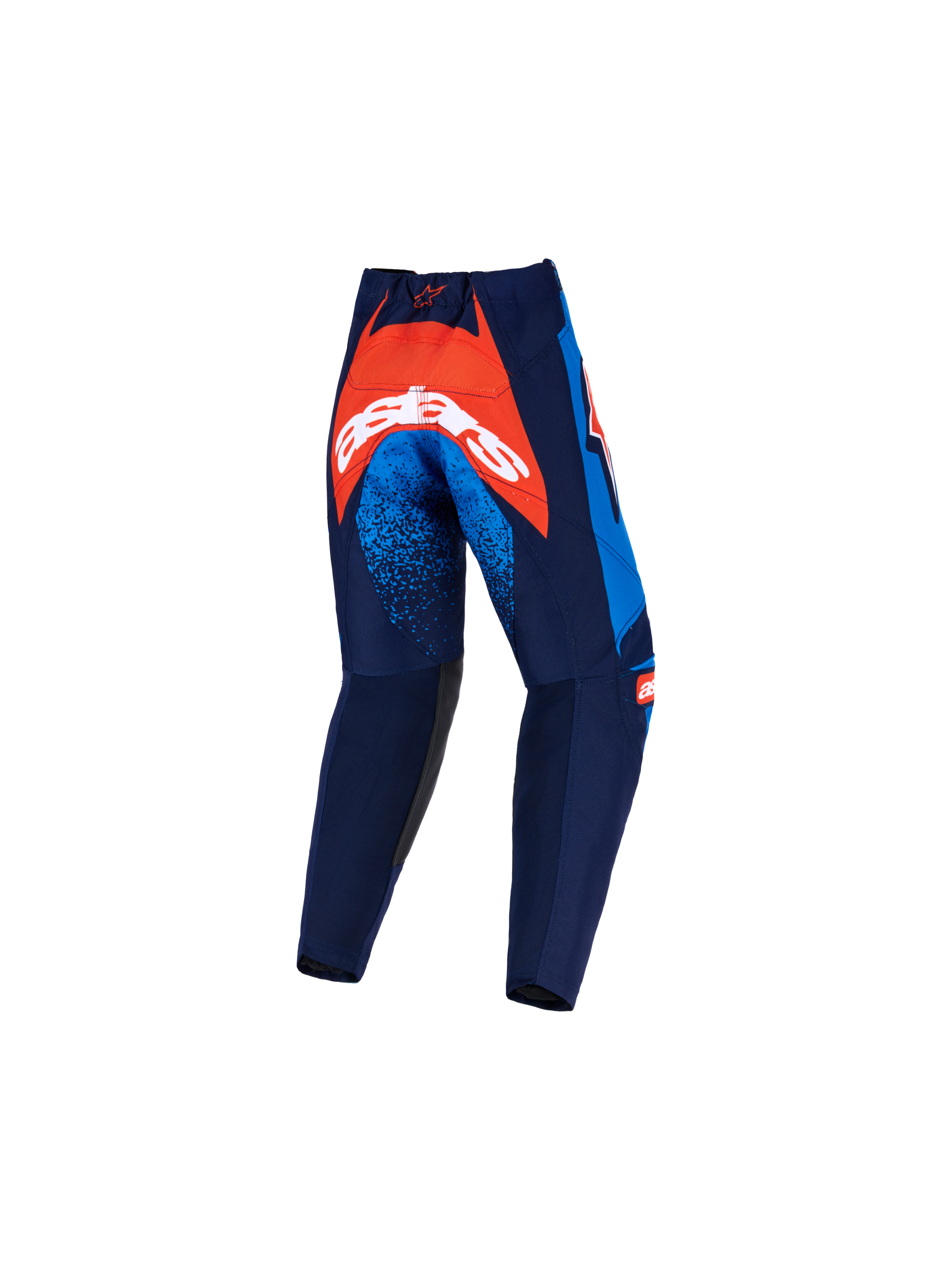 Alpinestars 2026 Kids Racer Nomur Hose, Motocross-Hose, Dunkelblau, Orange und UCLA-Blau, Rückansicht mit großem orangefarbenem Panel am Gesäß und weißem Branding, blau gesprenkelte Akzente an den Oberschenkeln, strapazierfähige Textilkonstruktion für den Offroad-Einsatz.