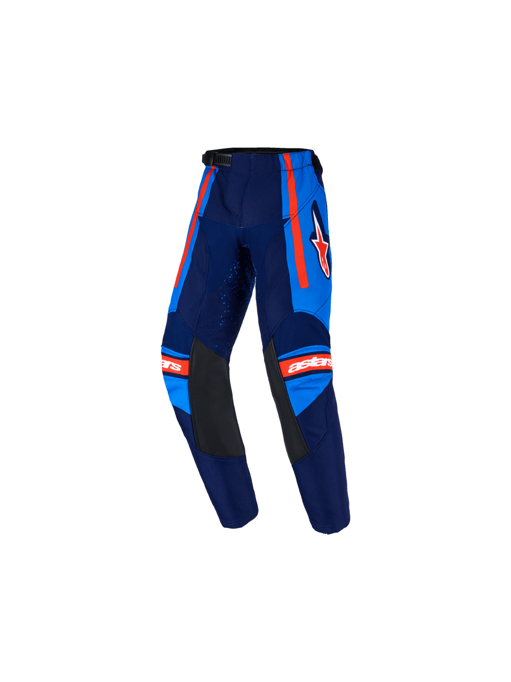 Alpinestars 2026 Kids Racer Nomur Hose, Kinder-Motocross-Hose, Dunkelblau und UCLA-Blau mit orangefarbenen Akzenten, mit schwarzen Leder-Innenknie-Einsätzen, orangefarbenen Seitenstreifen, weißem Astars-Logo und vorgeformtem Design für den Offroad-Rennsport