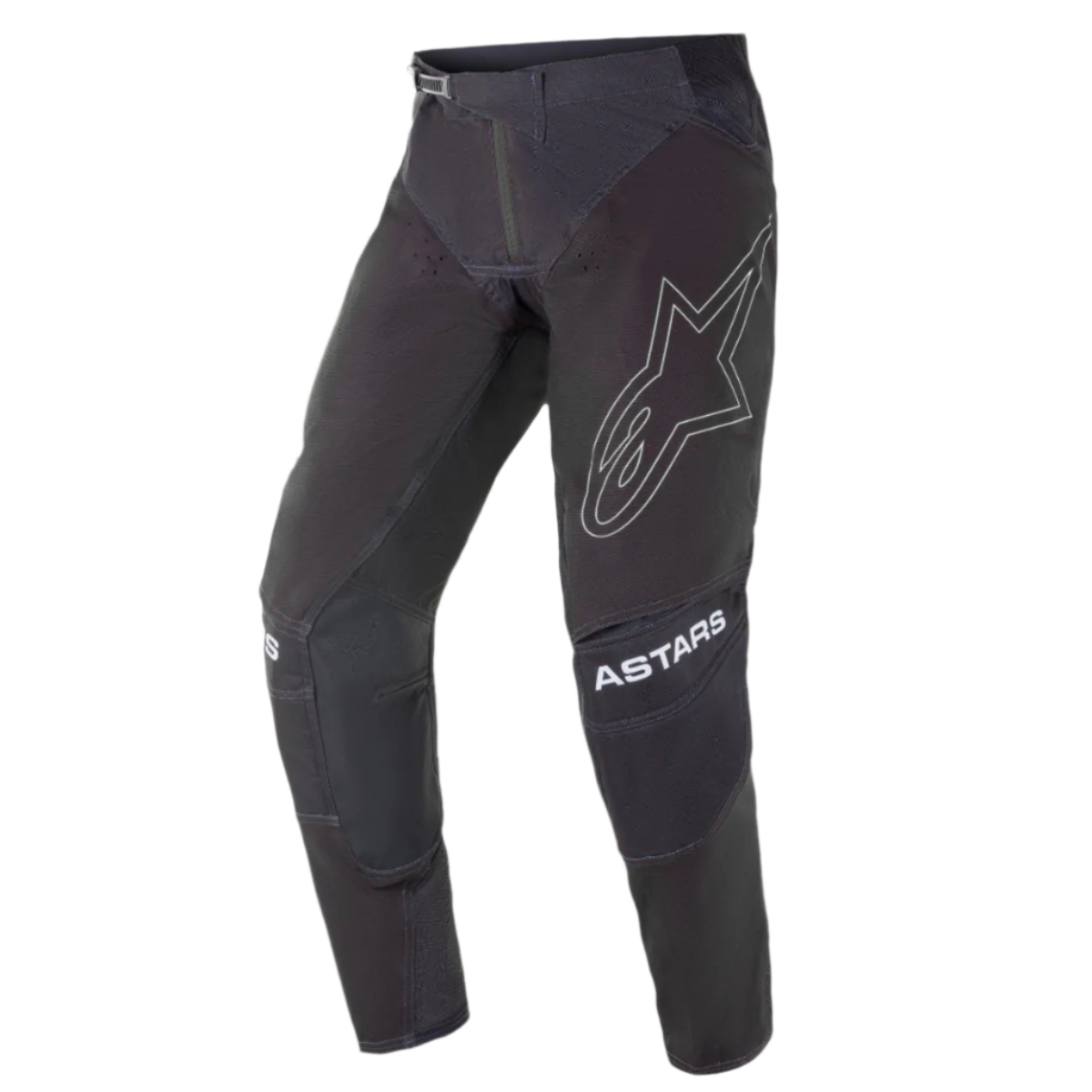 Alpinestars 2021 Techstar Phantom Hose, Motocross-Hose, Schwarz mit weißen Akzenten, mit einem großen, umrissenen Stern-Logo auf dem Oberschenkel, ASTARS-Branding an den Knien, technisches Ripstop-Gewebe mit perforierten Zonen und 3D-Babel-Kniekonstruktion für Offroad-Rennperformance.