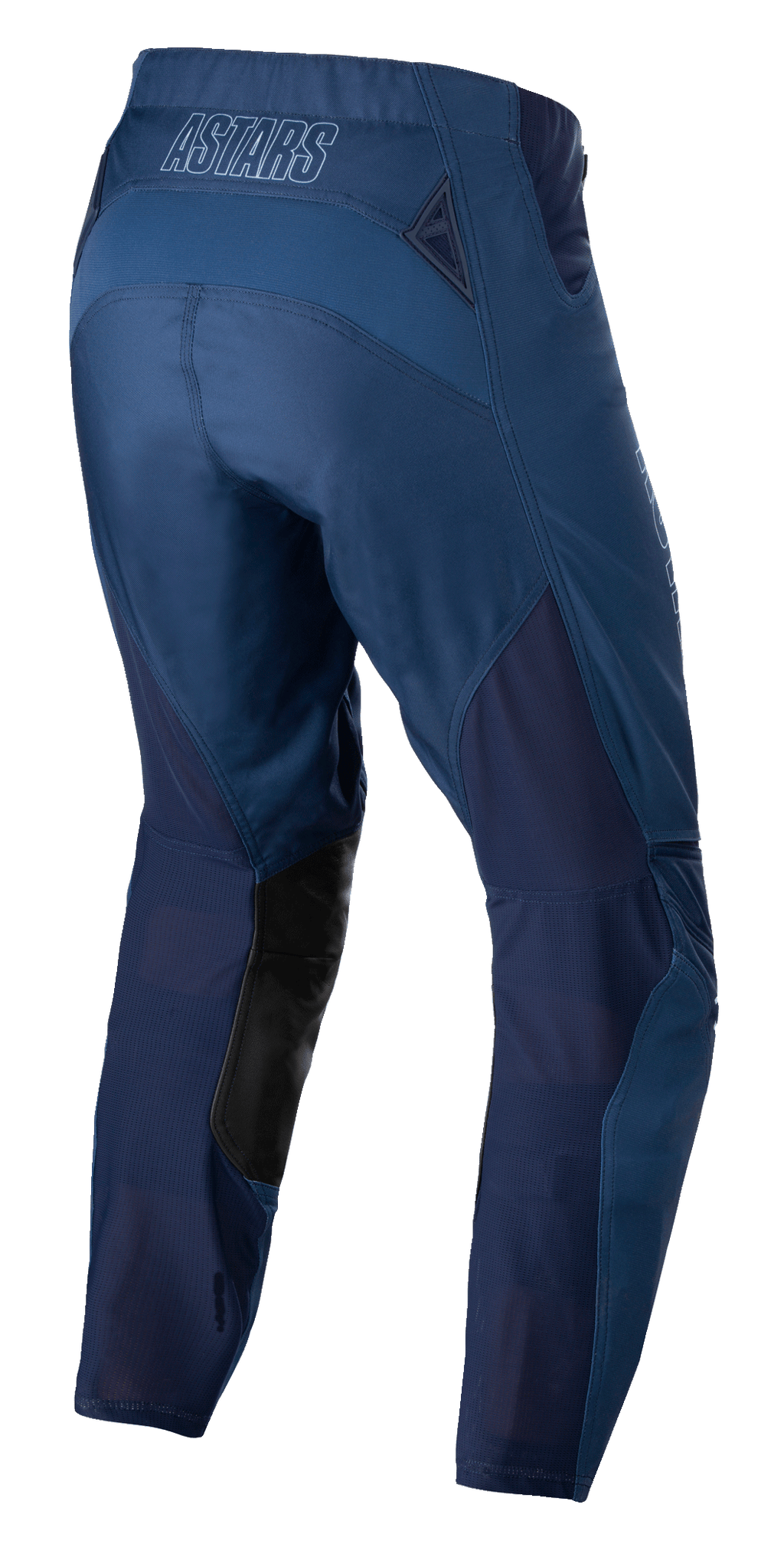 Alpinestars Techstar Phantom Pants, Motocross Pants, Dark Blue, rear view featuring breathable mesh panels and black leather inner leg patches, with ASTARS logo on the waistband, engineered for off-road performance.