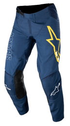 Alpinestars Techstar Phantom Pants, Motocross Racing Pants, Dark Blue with Yellow and White accents, featuring black leather knee panels, large yellow star logo on thigh, white ASTARS branding, durable stretch rip-stop fabric for off-road racing
