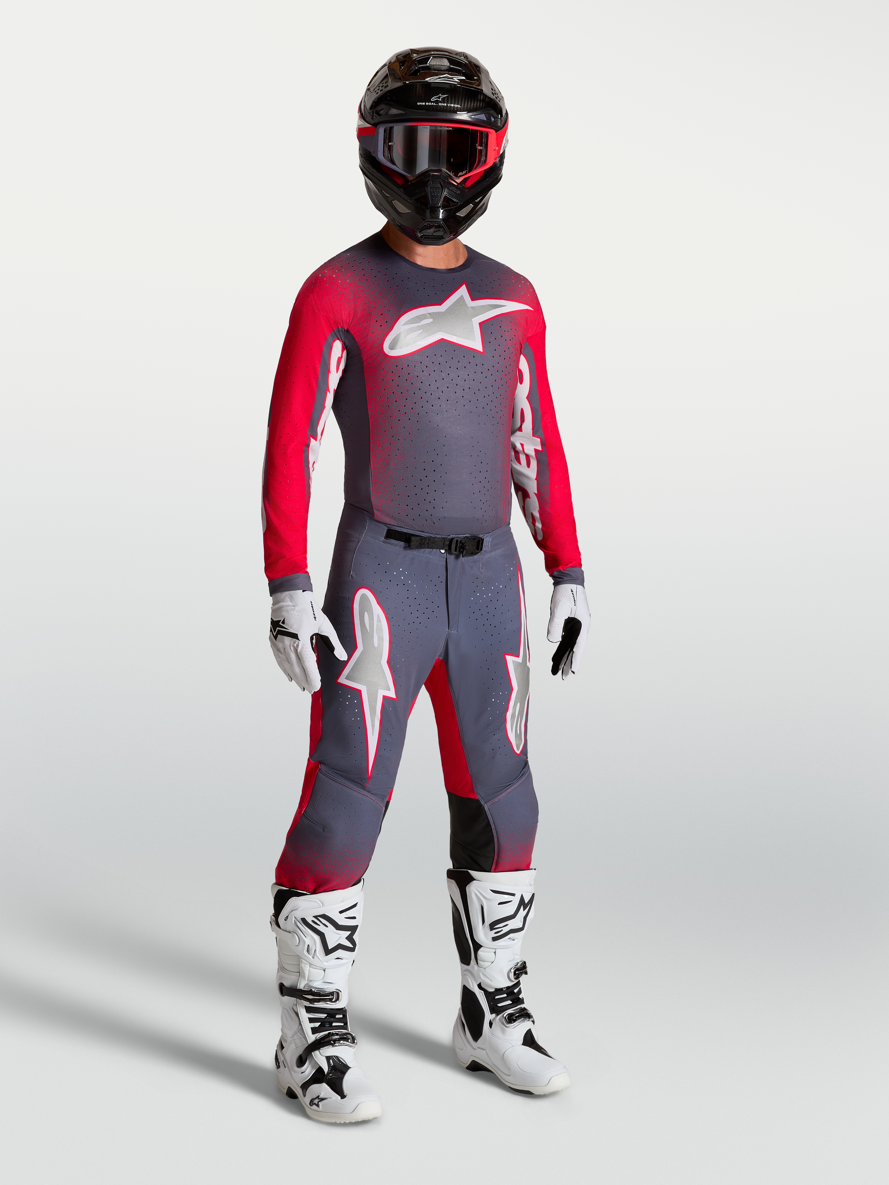 Alpinestars Supertech Hiten AFD Hose und Ausrüstungsset, Motocross-Rennausrüstung für Herren, Grau und Fluo-Rot.