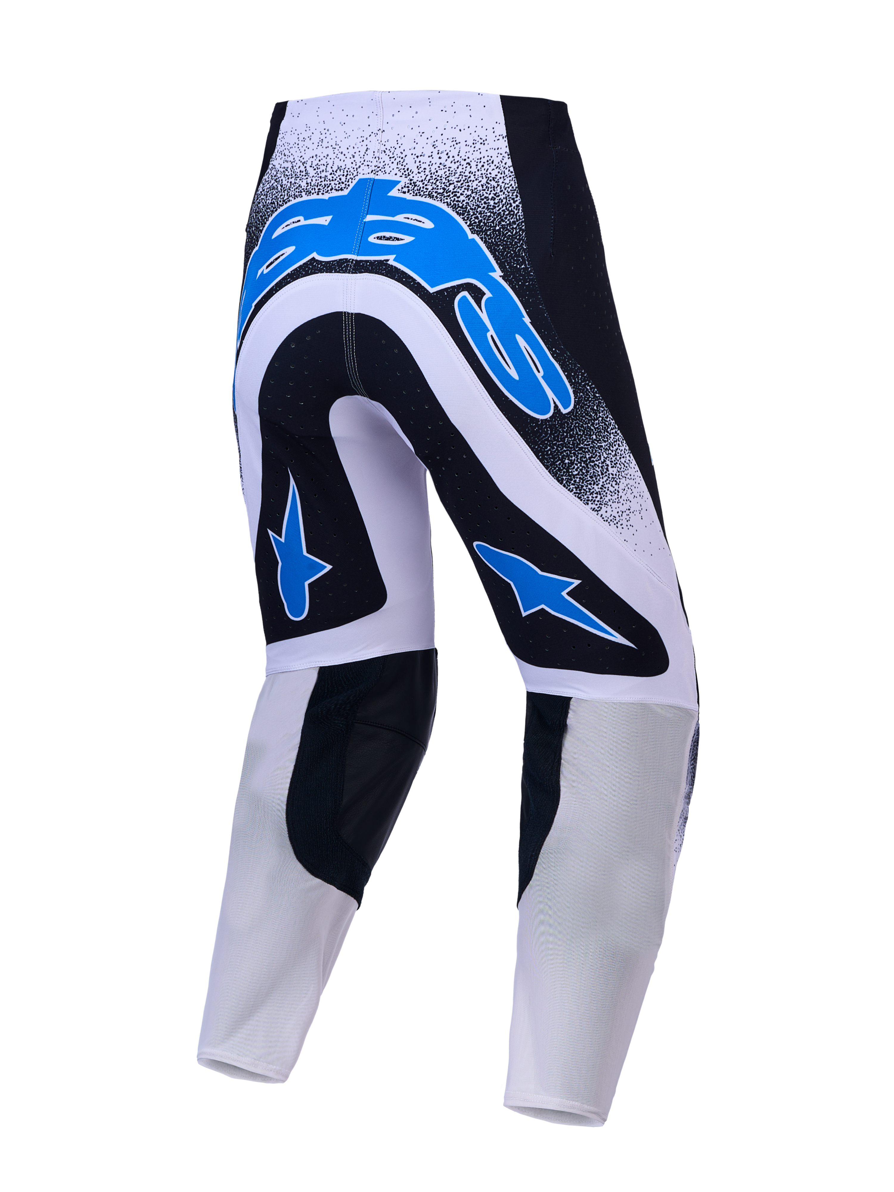 Alpinestars Supertech Hiten AFD Motocross Pants, rear view in black, white, and blue with stretch mesh construction.