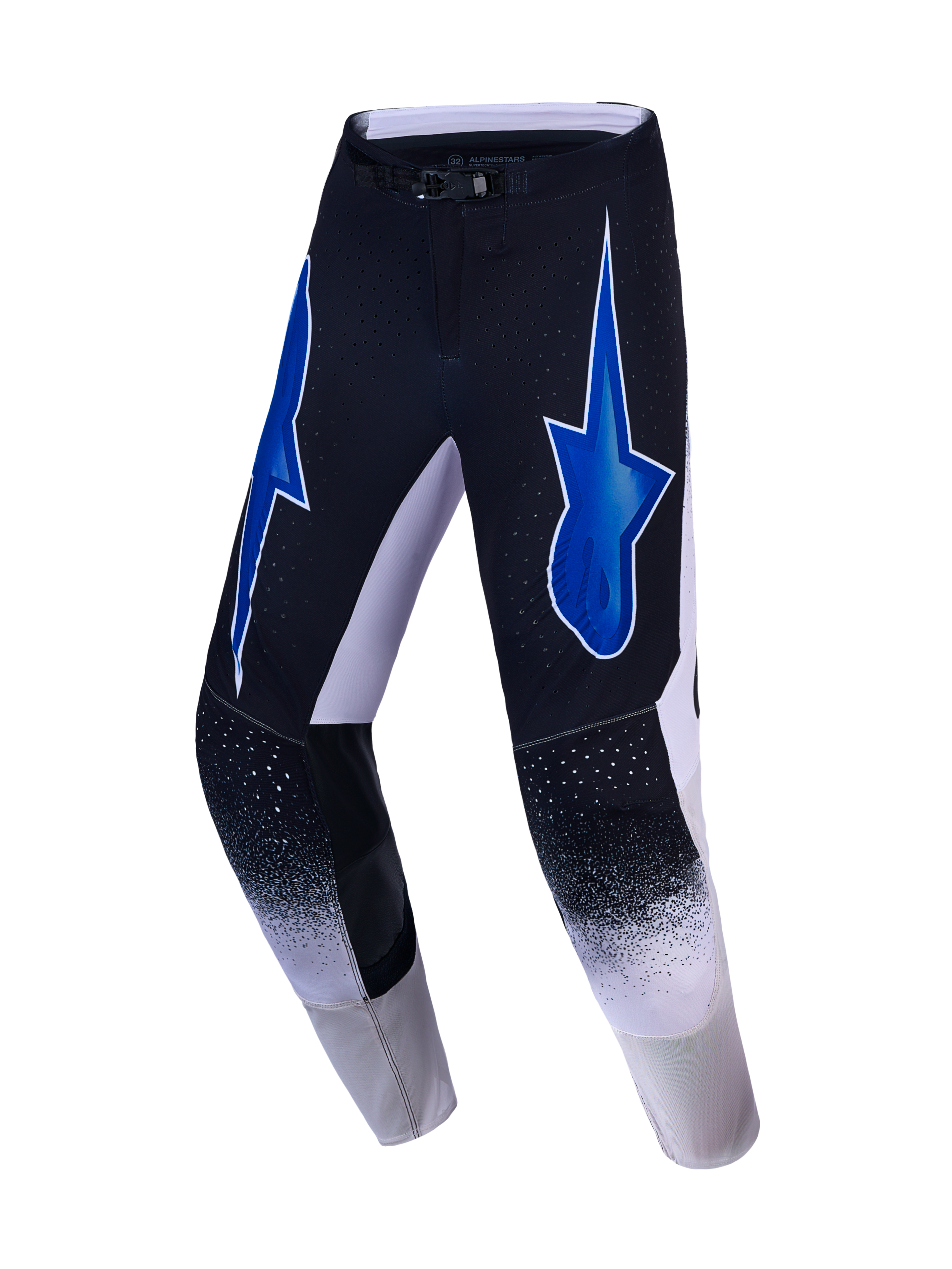 Alpinestars Supertech Hiten AFD Motocross Pants in black and white with blue star graphics and performance ventilation.