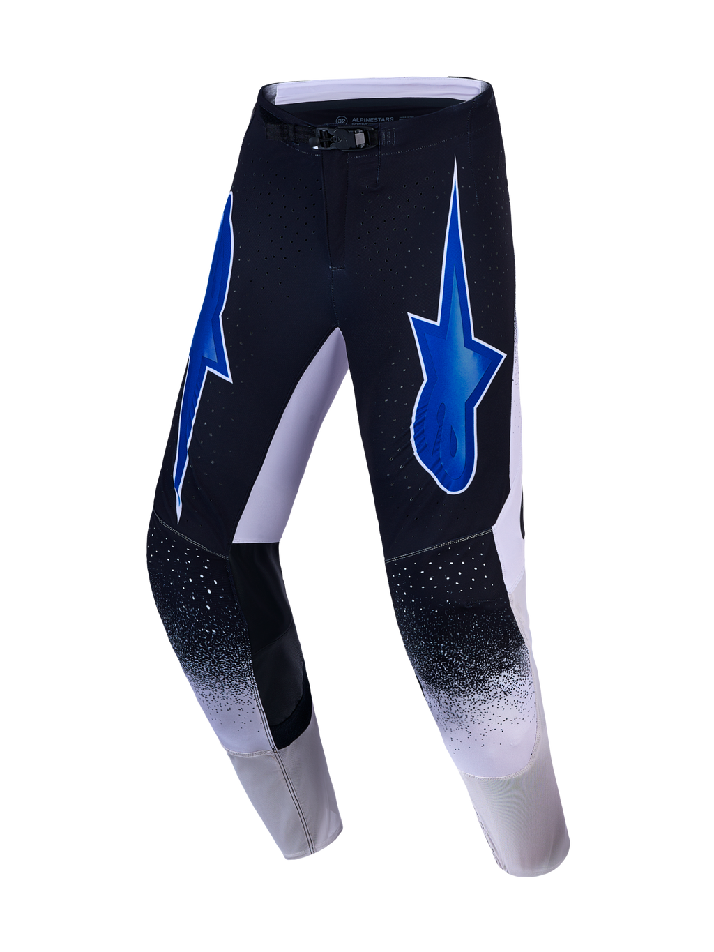 Alpinestars Supertech Hiten AFD Hose, Herren-Motocross-Rennsport-Hose in Schwarz und Blau mit athletischem Stretch, markanten Stern-Logos und Perforationen für maximale Belüftung.
