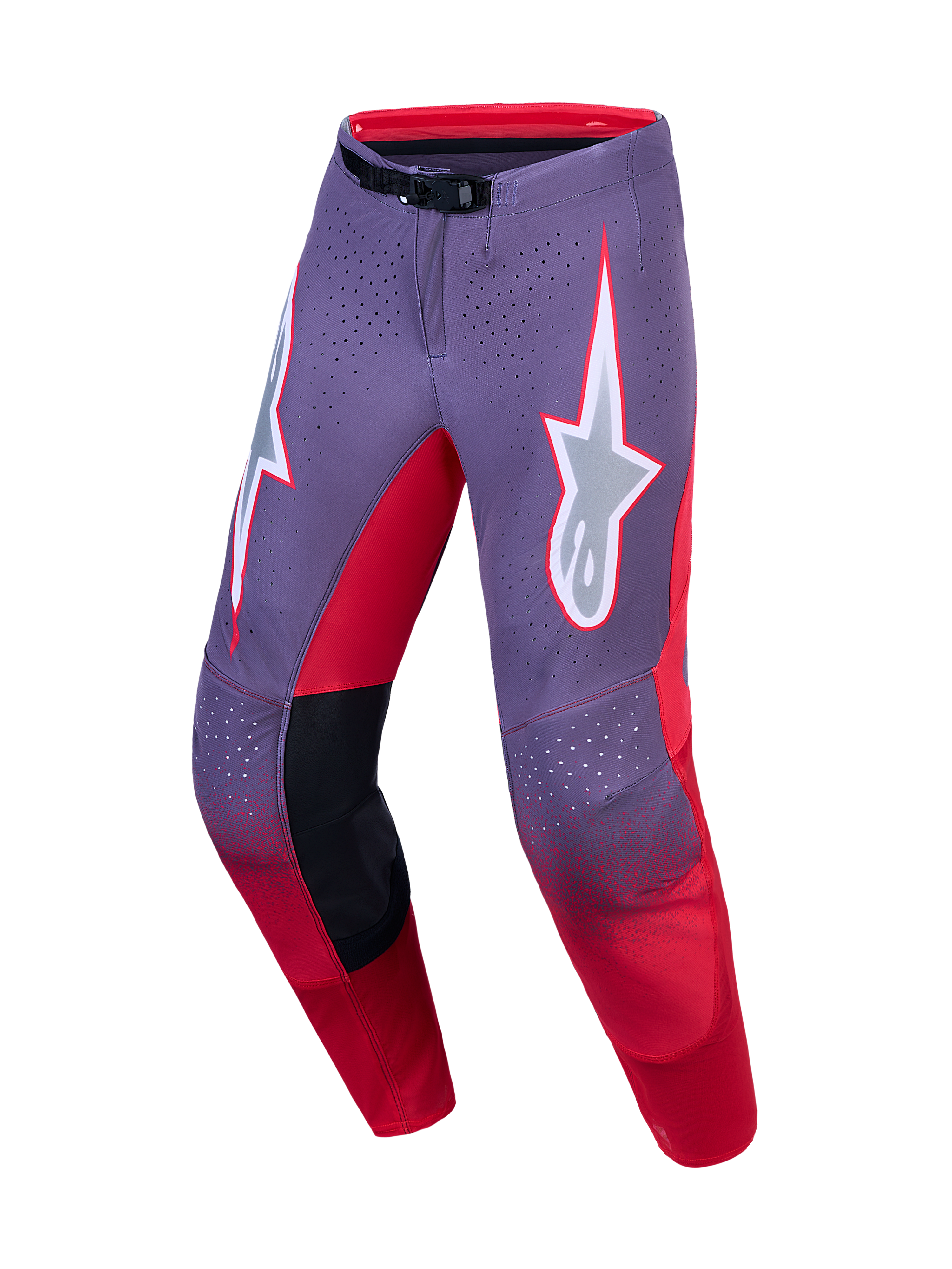Alpinestars Supertech Hiten AFD Hose, Herren-MX-Hose, Helllila und Neonrot, Stretch-Ripstop-Gewebe, SX1-Magnetverschluss.