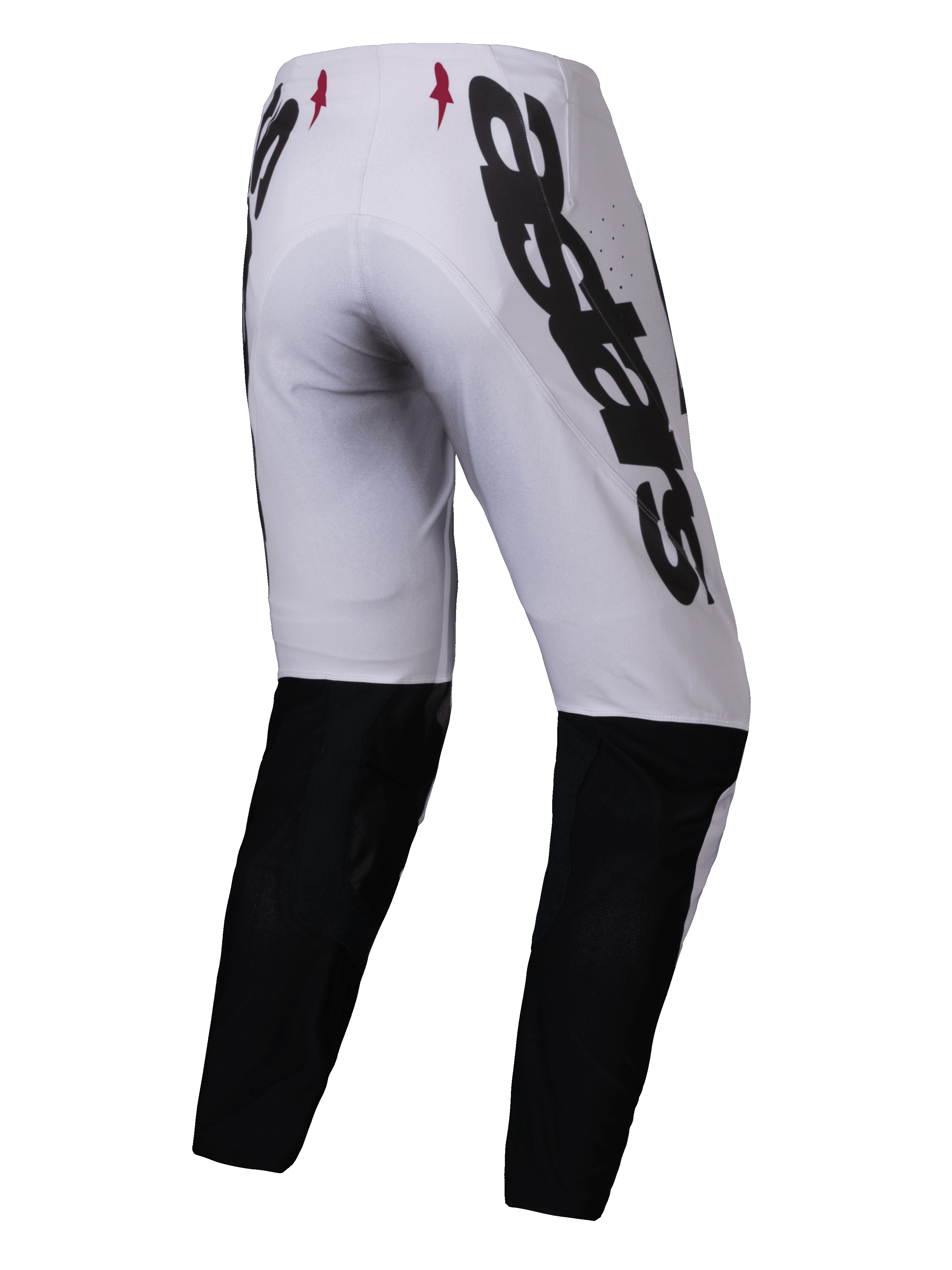 Alpinestars 2025 Supertech Maker Hose, Motocross-Hose, Silber und Schwarz, Rückansicht mit großem schwarzem Alpinestars-Branding an der Seite, schwarzen Einsätzen an den Unterschenkeln und kleinen roten Stern-Logos am Bund, entwickelt für professionelle Offroad-Performance.