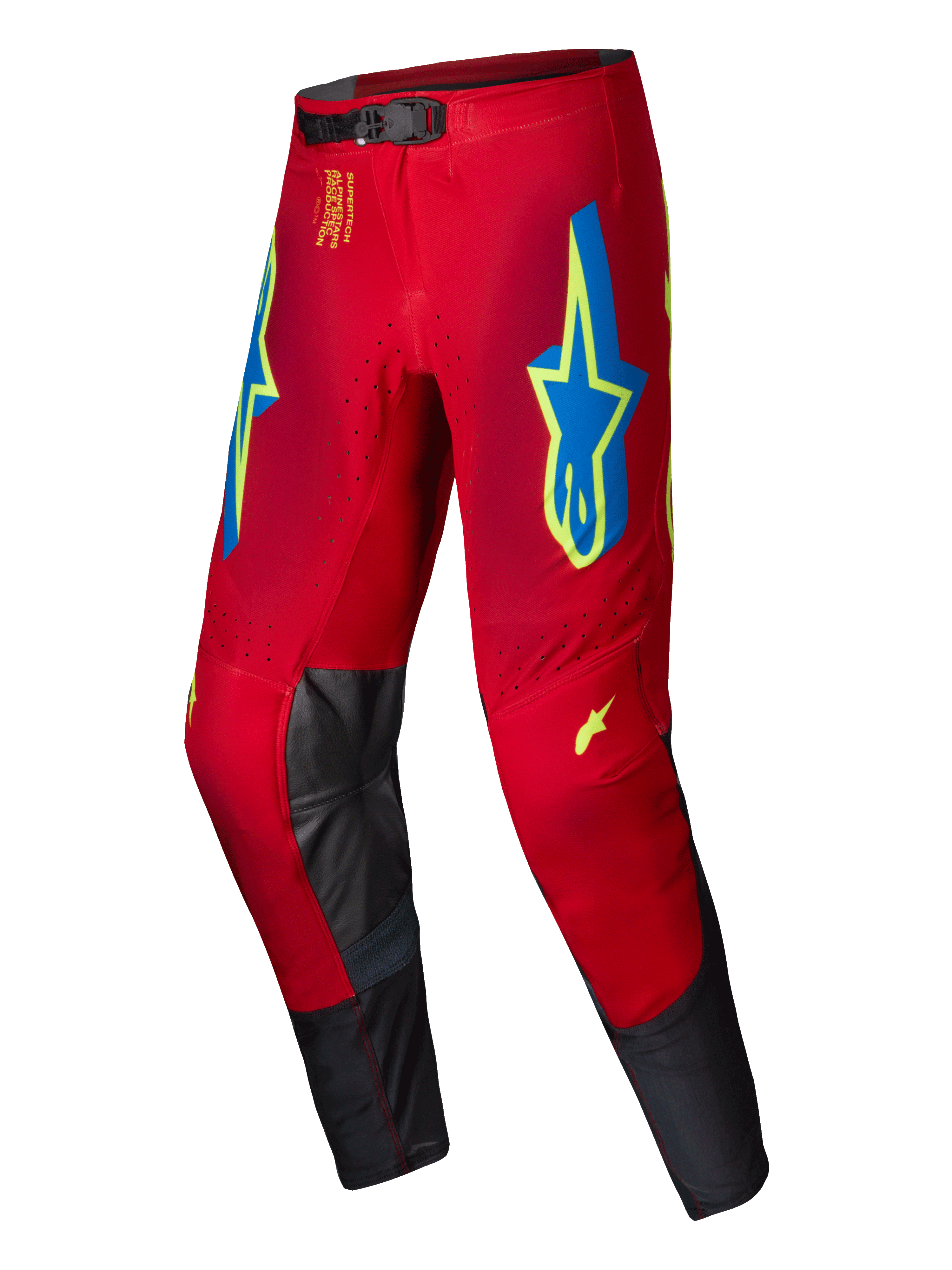 Alpinestars 2025 Supertech Maker Hose, Motocross-Hose, Hellrot mit neongelben und blauen Akzenten, mit großen Stern-Logos auf den Oberschenkeln und Knie-Innenpaneelen aus schwarzem Leder, magnetischer Taillenverschluss, professionelle Offroad-Rennausrüstung