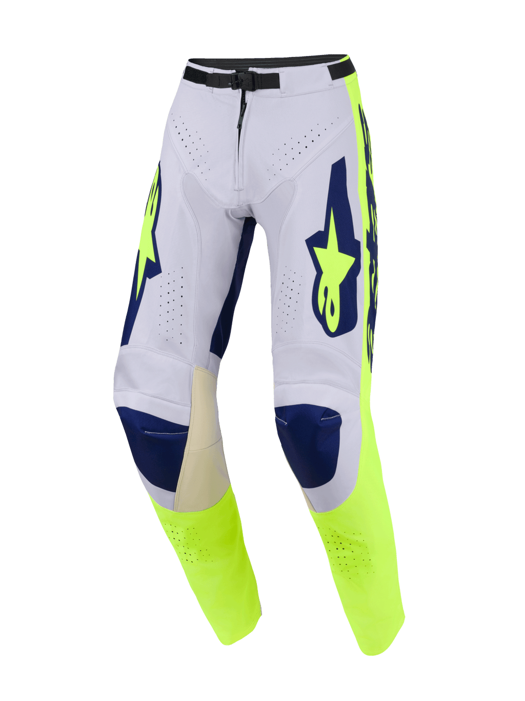 Alpinestars 2026 Racer Air Riway Hose, Motocross-Hose, Hellgrau, Fluo-Gelb und Blau, mit umfangreichen Perforationen für optimale Belüftung, dunkelblauen Kniepartien und fluoreszierend gelben Seitenpaneelen mit markantem Branding, Performance-Offroad-Design.