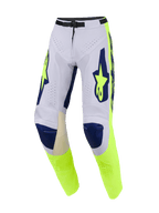Alpinestars 2026 Racer Air Riway Hose, Motocross-Hose, Hellgrau, Fluo-Gelb und Blau, mit umfangreichen Perforationen für optimale Belüftung, dunkelblauen Kniepartien und fluoreszierend gelben Seitenpaneelen mit markantem Branding, Performance-Offroad-Design.