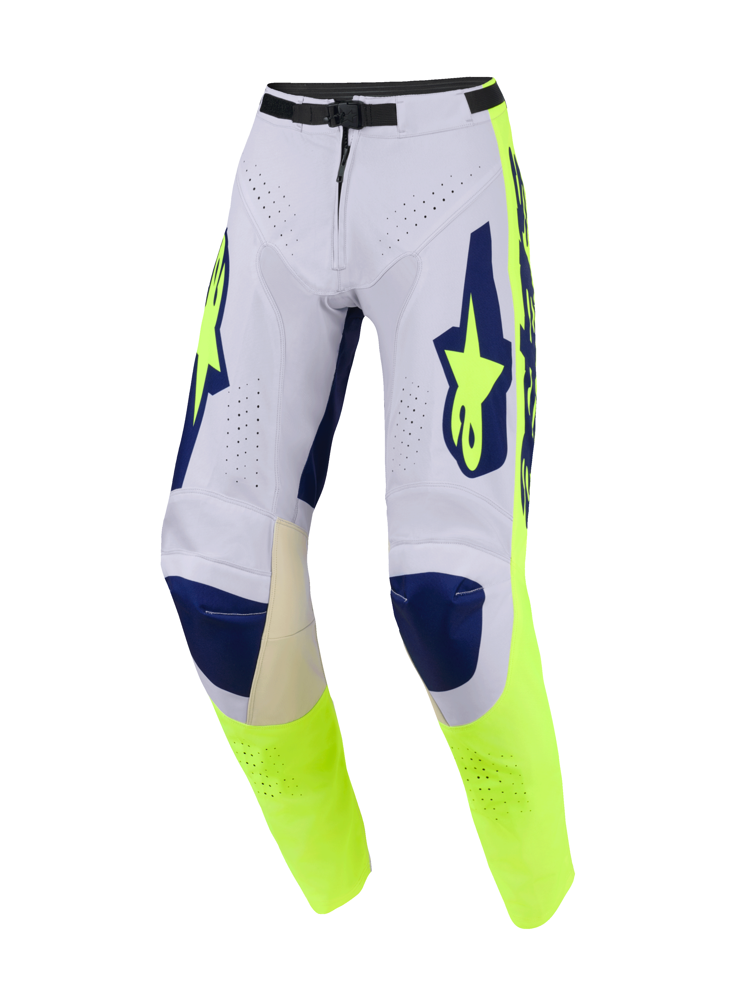 Alpinestars 2026 Racer Air Riway Hose, Motocross-Hose, Hellgrau, Fluo-Gelb und Blau, mit umfangreichen Perforationen für optimale Belüftung, dunkelblauen Kniepartien und fluoreszierend gelben Seitenpaneelen mit markantem Branding, Performance-Offroad-Design.