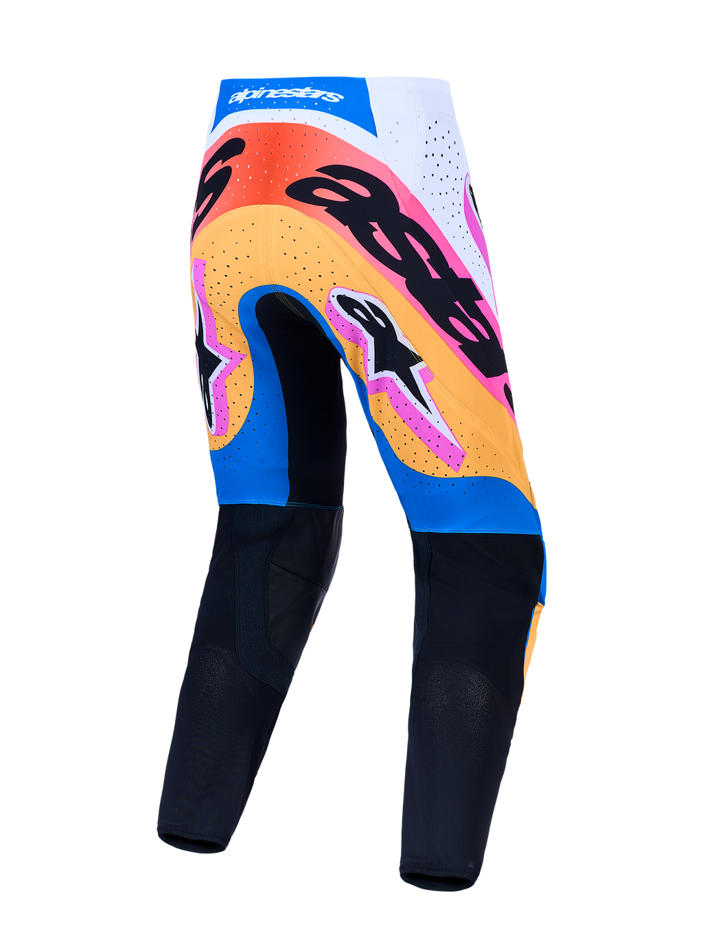 Alpinestars Supertech Dyna Motocross Hose, Blau und Orange, Rückansicht mit perforierten Paneelen und Rennpassform.