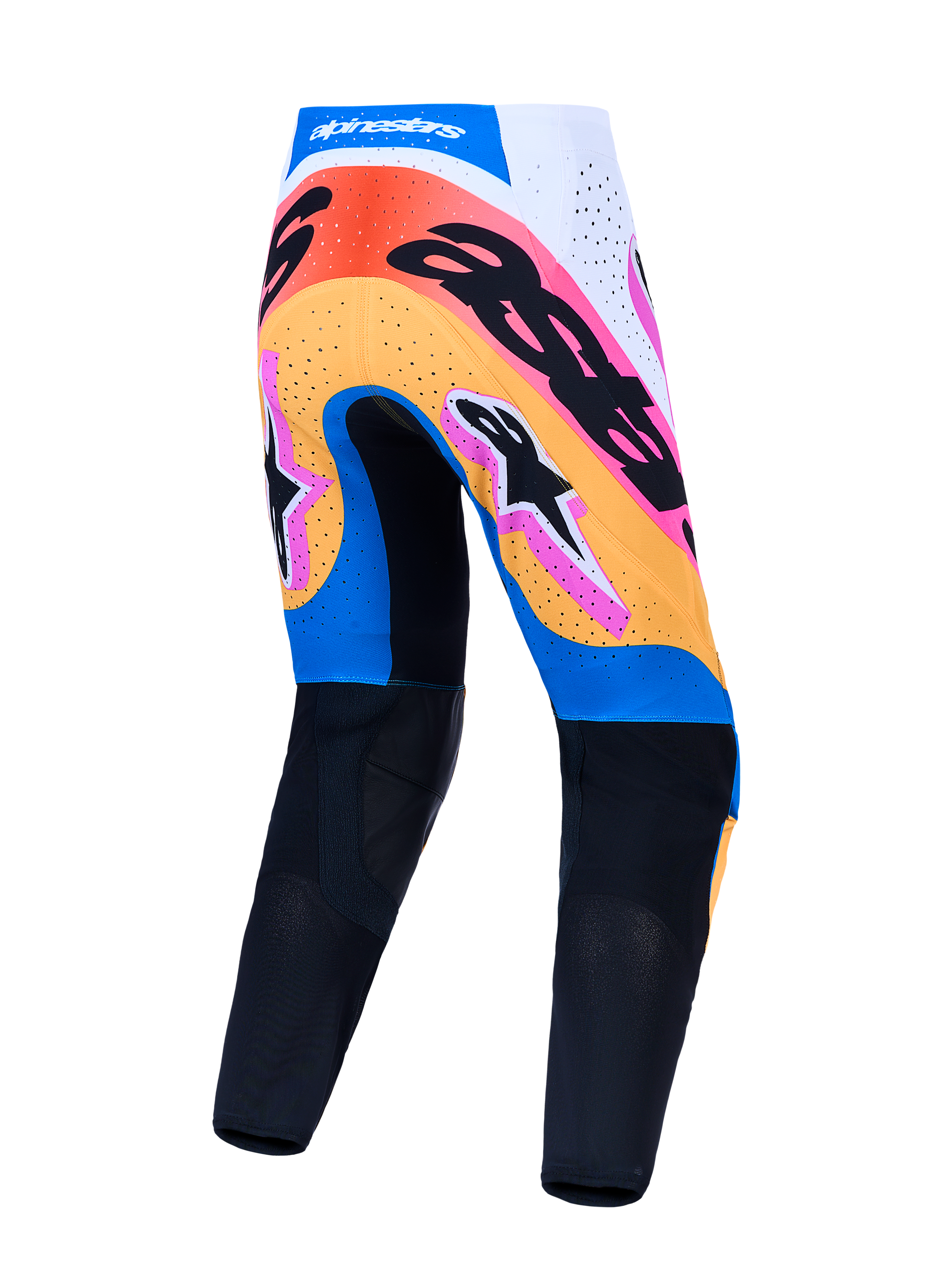Alpinestars Supertech Dyna Motocross Hose, Blau und Orange, Rückansicht mit perforierten Paneelen und Rennpassform.