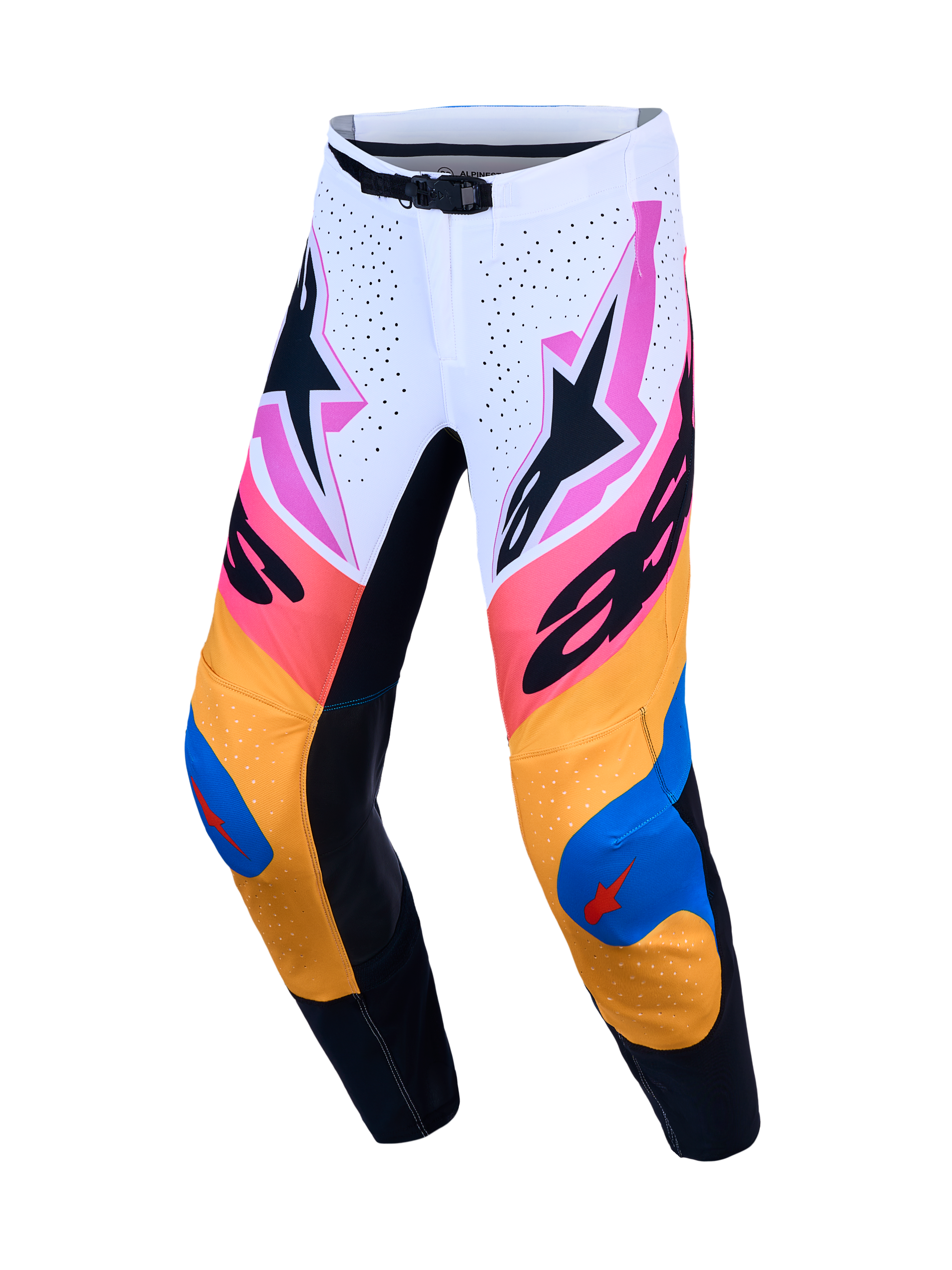 Alpinestars Supertech Dyna Hose, Motocross-Rennhose für Herren, Weiß und Blau mit lebhaften Grafiken, leichtes Stretch-Ripstop-Gewebe, professionelle Rennpassform.