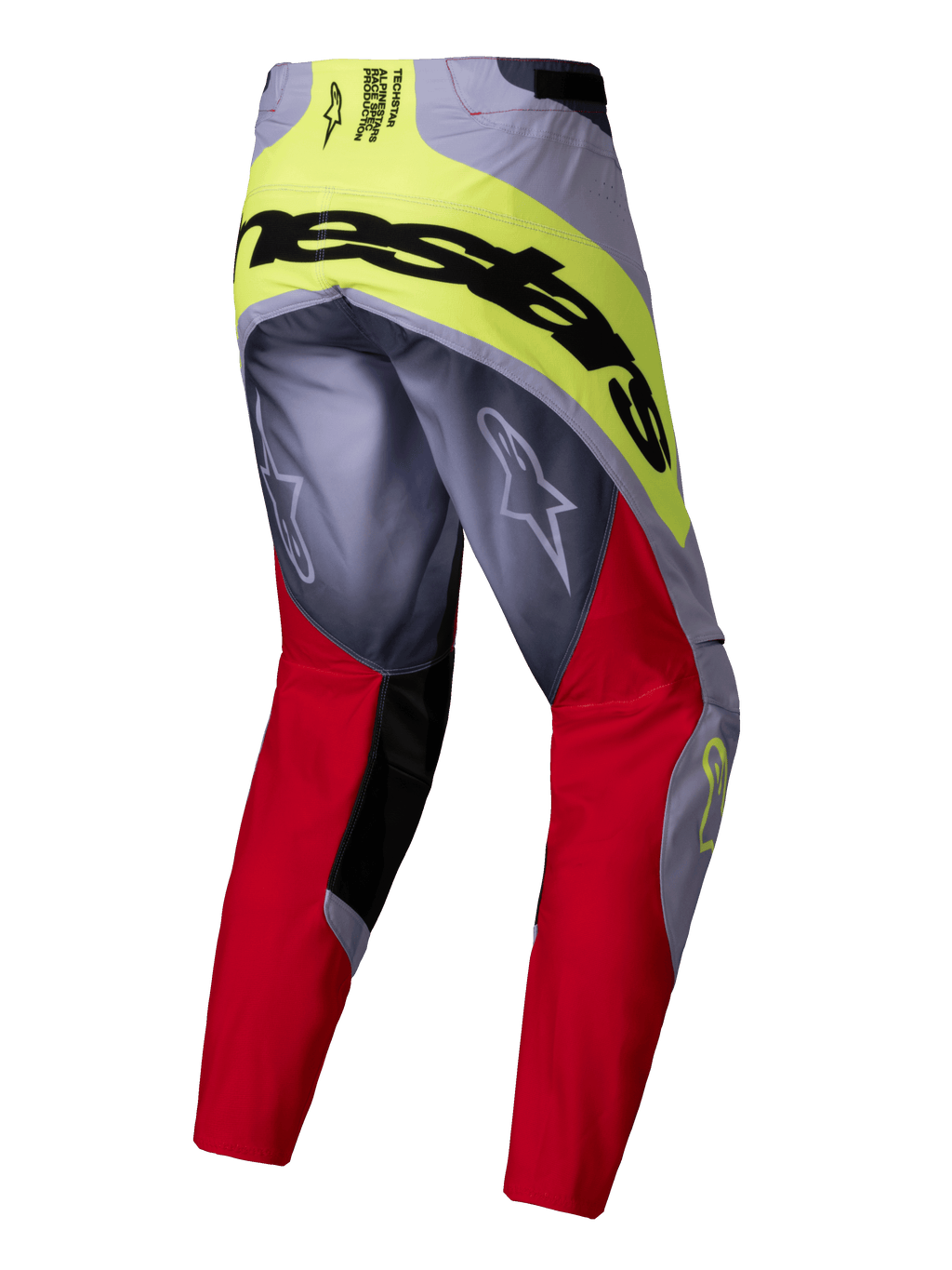 Alpinestars 2025 Techstar Melt Hose, Motocross-Hose, Hellrot und Grau mit neongelben Akzenten, Rückansicht mit großem schwarzem Alpinestars-Schriftzug am Gesäß und Astars-Logos auf den Beinen, strapazierfähiges Multi-Material-Design für den Offroad-Rennsport.