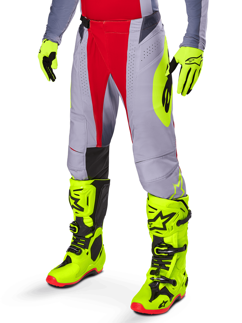 Alpinestars 2025 Techstar Melt Hose, Motocross-Hose, Hellrot und Grau, mit neongelben Seitengrafiken und schwarzen Knieeinsätzen, kombiniert mit passenden neongelben Stiefeln und Handschuhen, entwickelt für wettbewerbsorientierte Offroad-Performance