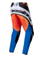 Alpinestars 2025 Techstar Melt Hose, Motocross-Hose, Orange, Blau und Weiß, Rückansicht mit großem schwarzem Alpinestars-Branding auf einem weißen Rückenteil, orangefarbenem Gesäßbereich mit roten Stern-Logos und blauen Hosenbeinen