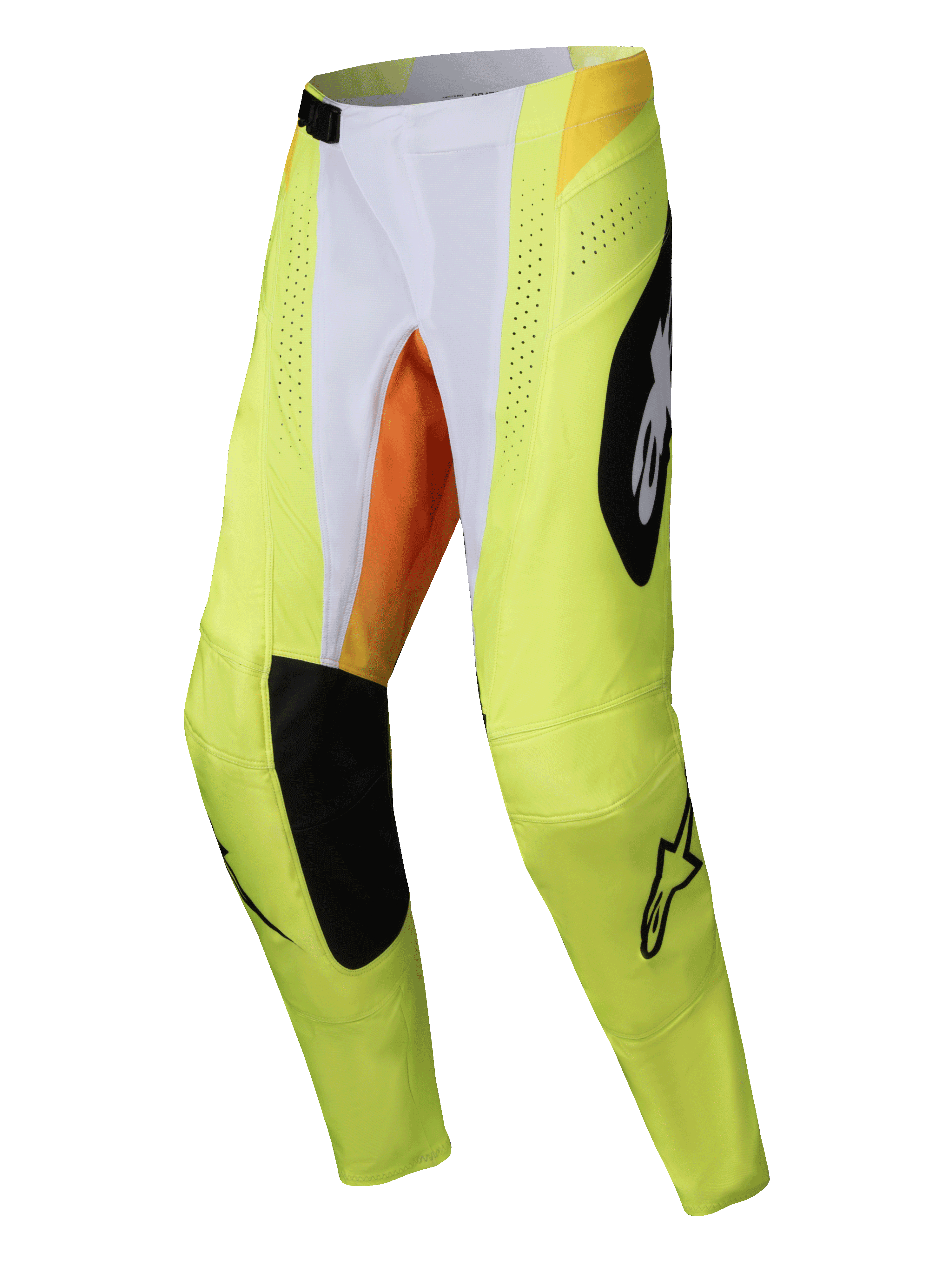 Alpinestars 2025 Techstar Melt Hose, Motocross-Hose, Neongelb und Schwarz mit weißen und orangen Akzenten, große schwarze Alpinestars-Logos, lasergeschnittene Belüftungsperforationen, strapazierfähige Einsätze für den Offroad-Rennsport