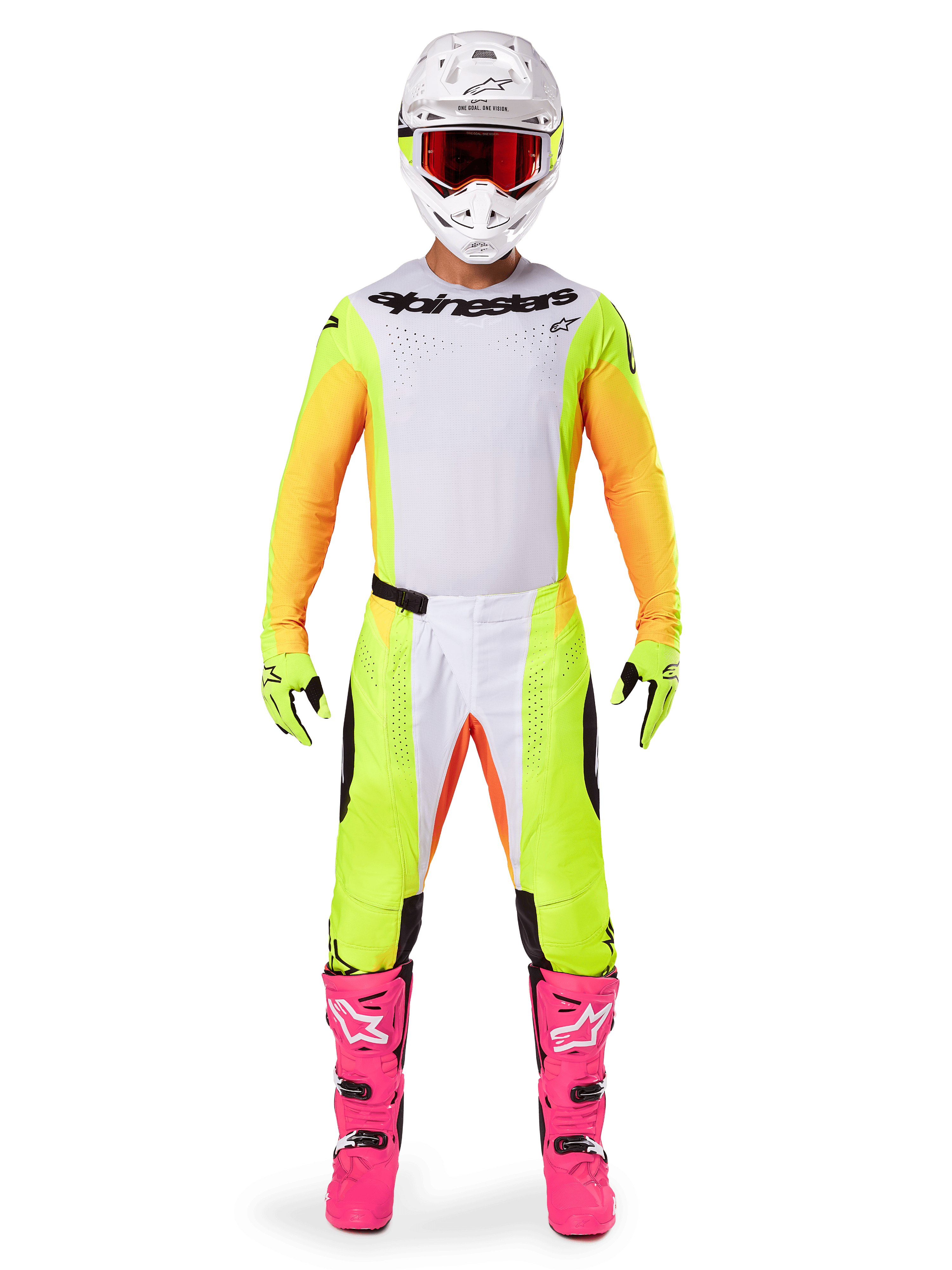 Motocross-Fahrer im Alpinestars 2025 Techstar Melt Gear Set, weißes Trikot mit gelben und orangefarbenen Ärmeln, neongelbe Hose mit weißen und orangefarbenen Akzenten, weißer Helm mit roter Brille, leuchtend pinke Stiefel und neongelbe Handschuhe, komplette Rennausrüstung für den Offroad-Wettbewerb