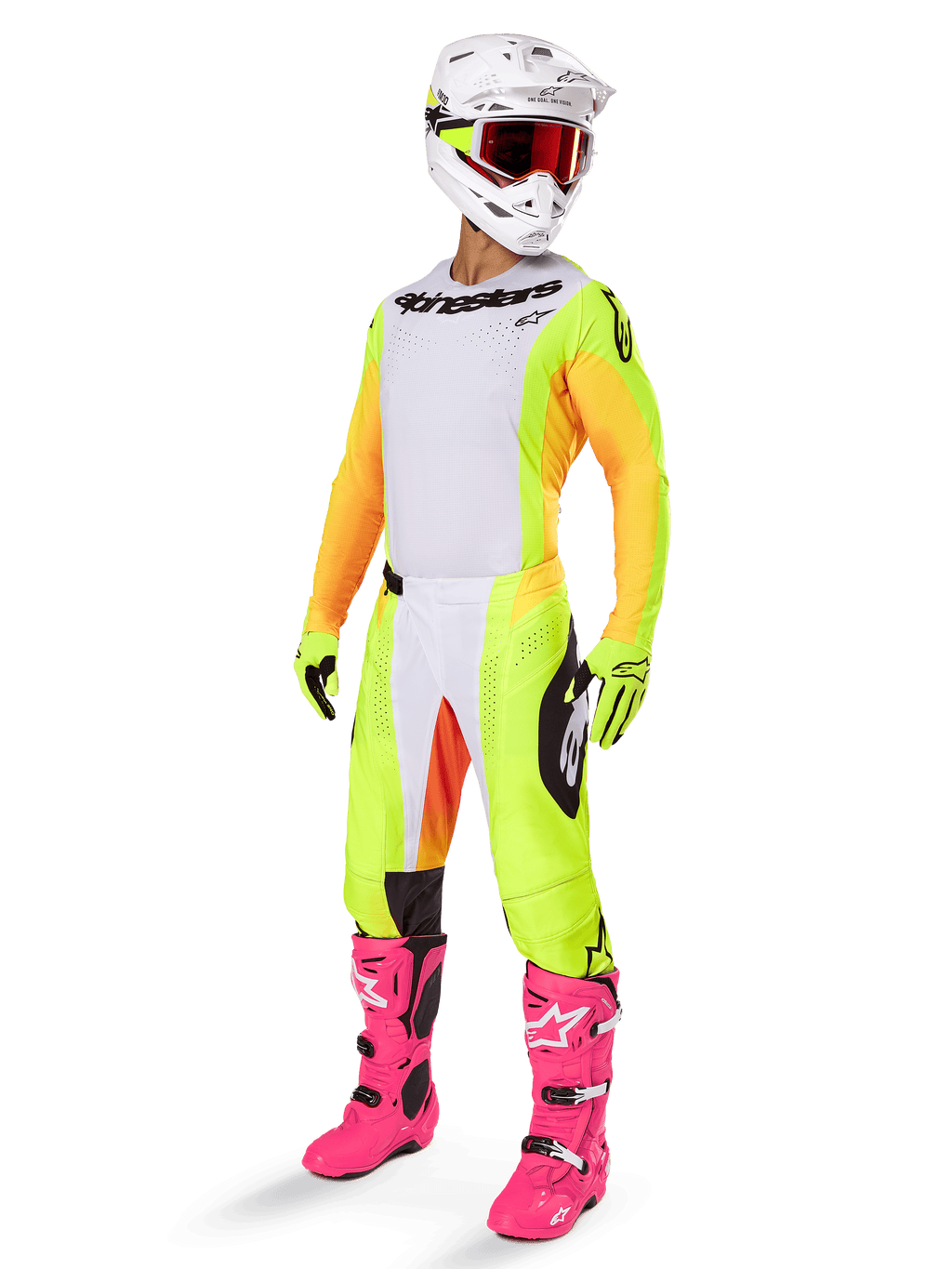 Alpinestars 2025 Techstar Melt Ausrüstungsset, komplettes Motocross-Rennoutfit, weißes Trikot mit gelben und orangefarbenen Ärmeln, neongelbe Hose, leuchtend pinke Stiefel, weißer Helm mit roter Brille, gelbe Handschuhe, lebendige farbenfrohe Rennbekleidung
