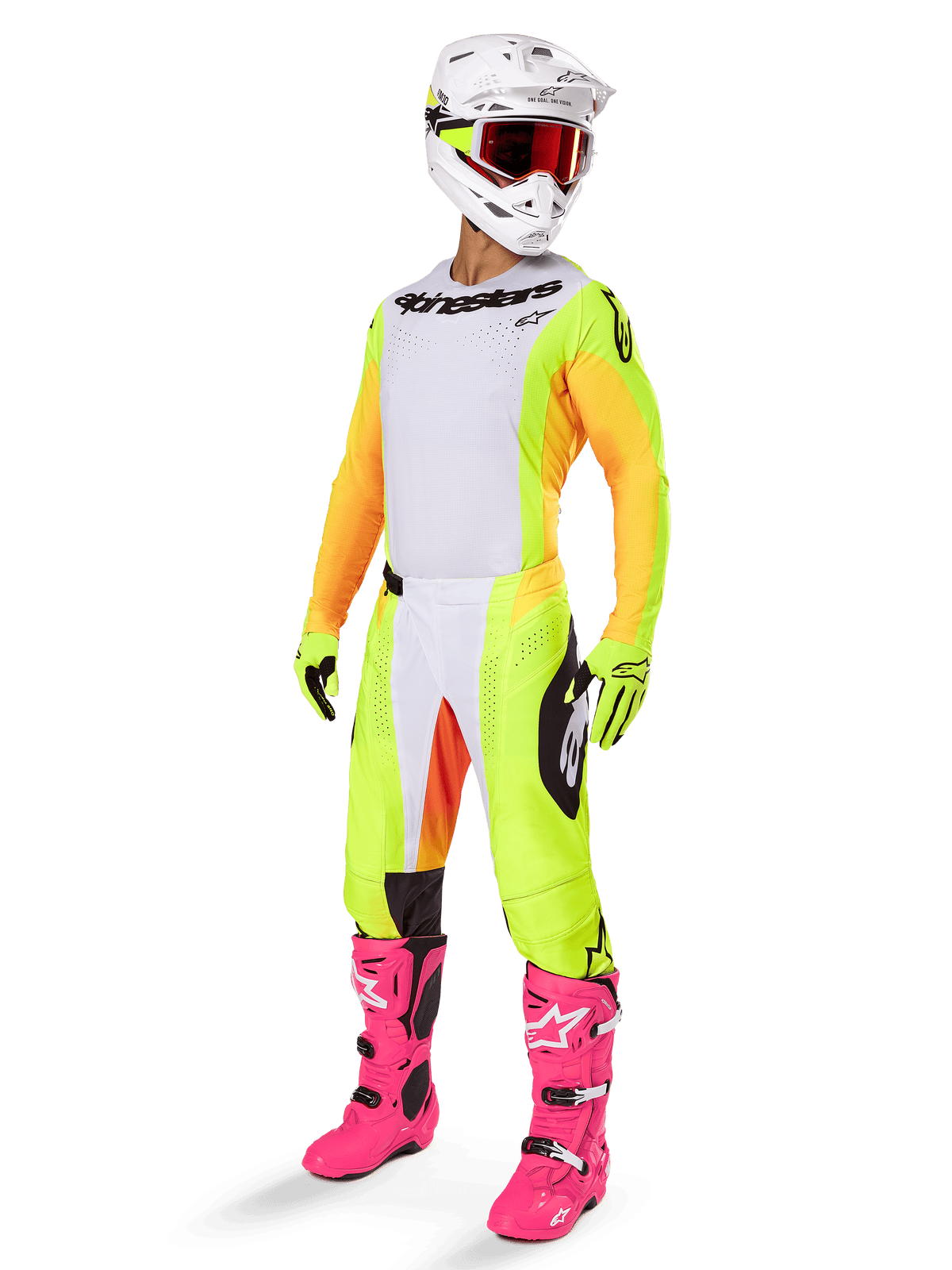 Alpinestars 2025 Techstar Melt Ausrüstungsset, komplettes Motocross-Rennoutfit, weißes Trikot mit gelben und orangefarbenen Ärmeln, neongelbe Hose, leuchtend pinke Stiefel, weißer Helm mit roter Brille, gelbe Handschuhe, lebendige farbenfrohe Rennbekleidung