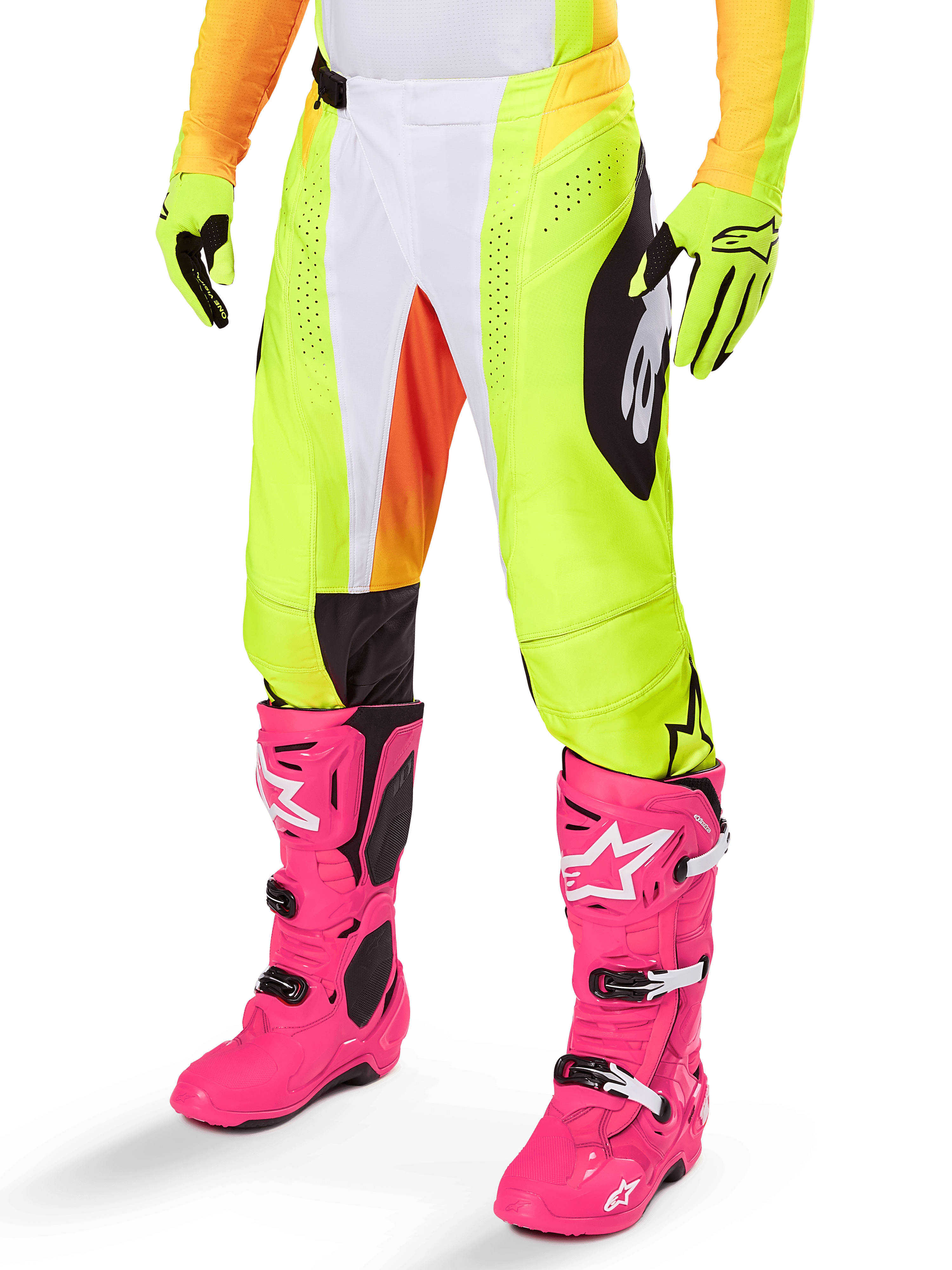 Alpinestars 2025 Techstar Melt Pants, Motocross Pants, Neon Yellow with White and Orange Accents, Black Side Patterns, worn with bright pink motocross boots and neon yellow gloves, featuring perforated ventilation, durable off-road racing gear