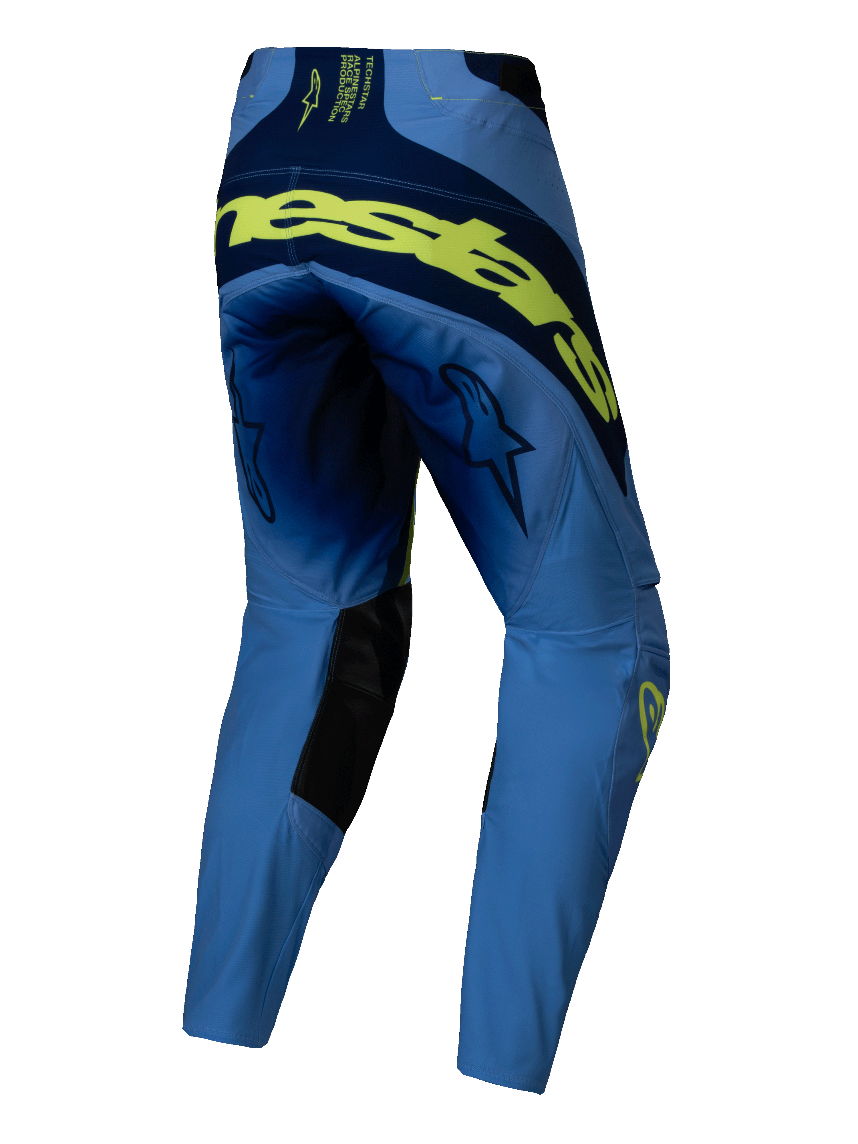Alpinestars 2025 Techstar Melt Pants, Motocross Pants, Yellow Fluo Blue, rear view with large fluorescent yellow branding across the back, navy blue panels, star logos on thighs, and black inner knee reinforcements