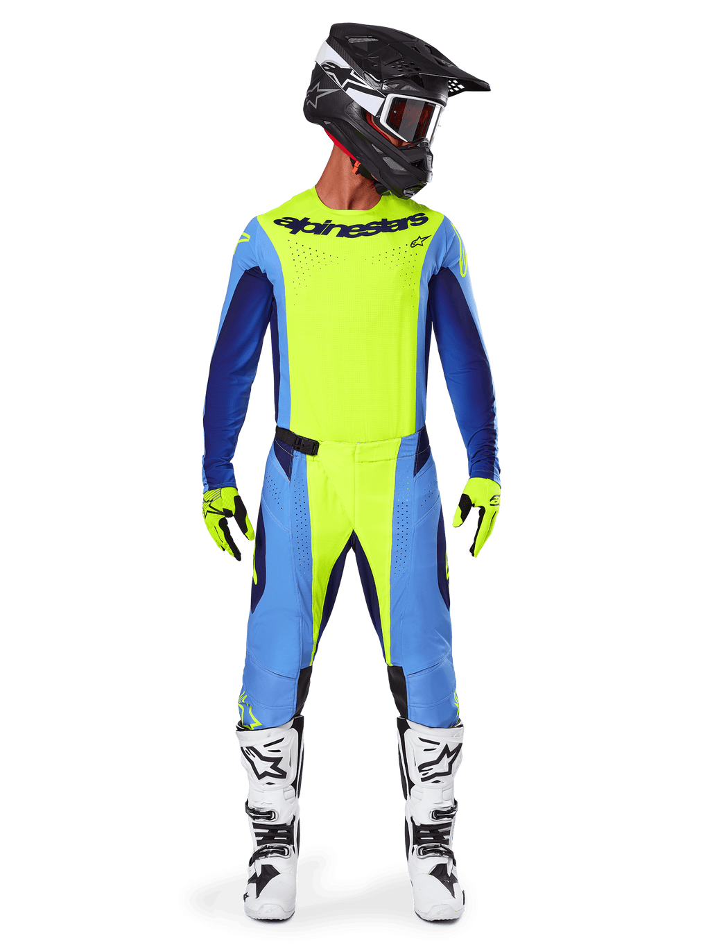 Motocross rider wearing the Alpinestars 2025 Techstar Melt Gear Set, Bright Yellow Fluo jersey with blue and navy sleeves, matching yellow and blue pants, black and white helmet with goggles, white and black boots, yellow and black gloves, coordinated outfit for off-road racing