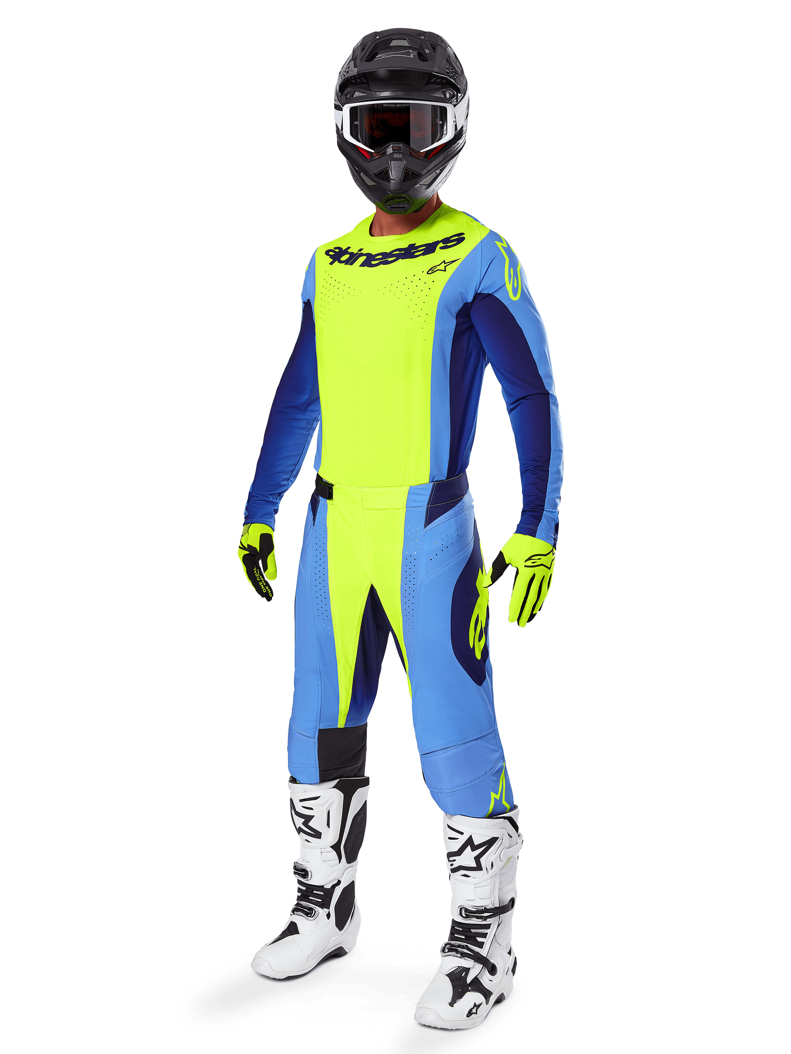 Alpinestars 2025 Techstar Melt Gear Set, Complete Motocross Racing Outfit, Neon Yellow and Blue, Black helmet with goggles, Yellow and black gloves, White and black boots, Full MX gear kit