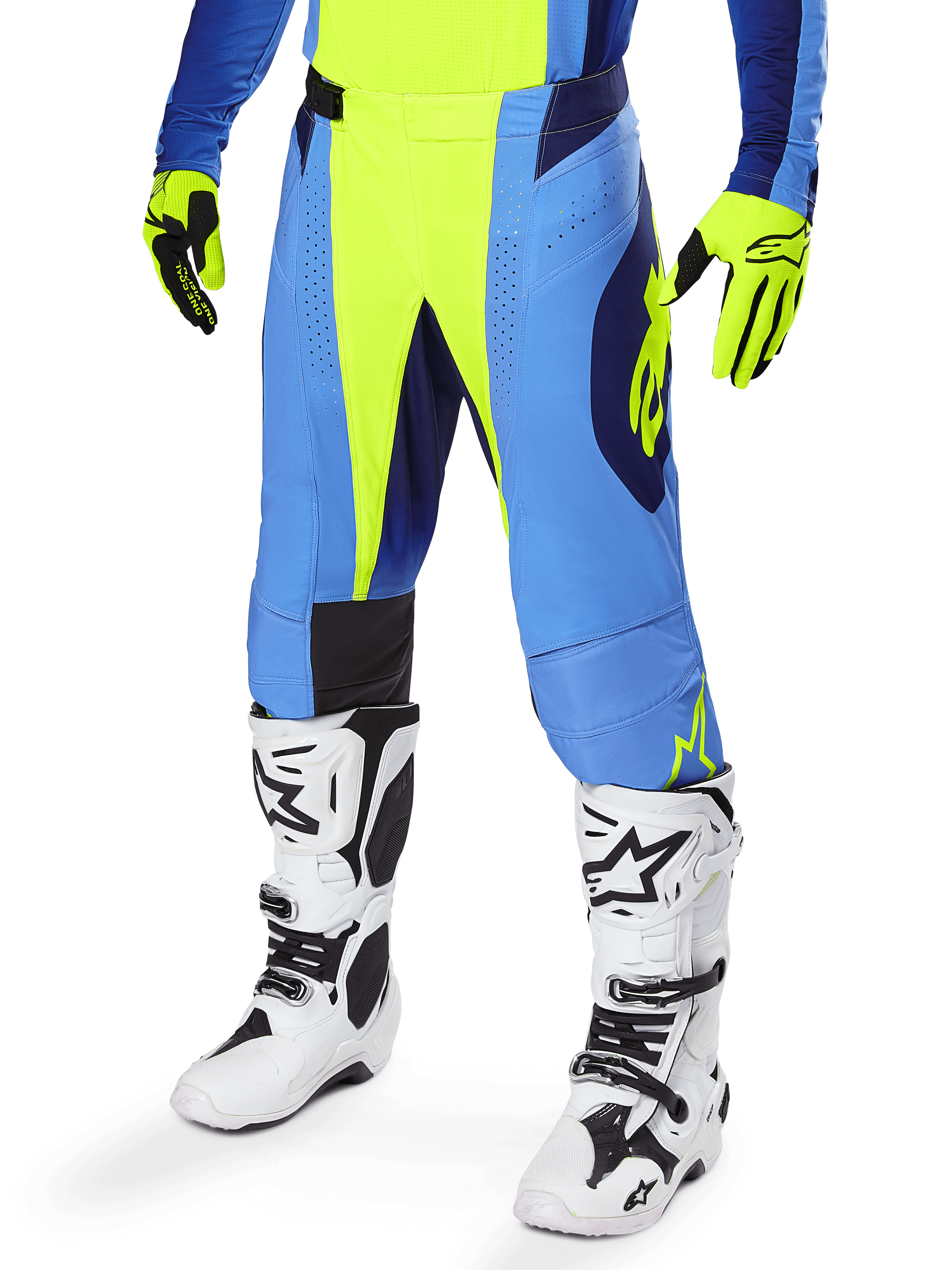 Alpinestars 2025 Techstar Melt Pants, Motocross Pants, Yellow Fluo Blue, featuring perforated ventilation and black accents, worn with matching neon yellow gloves and white racing boots