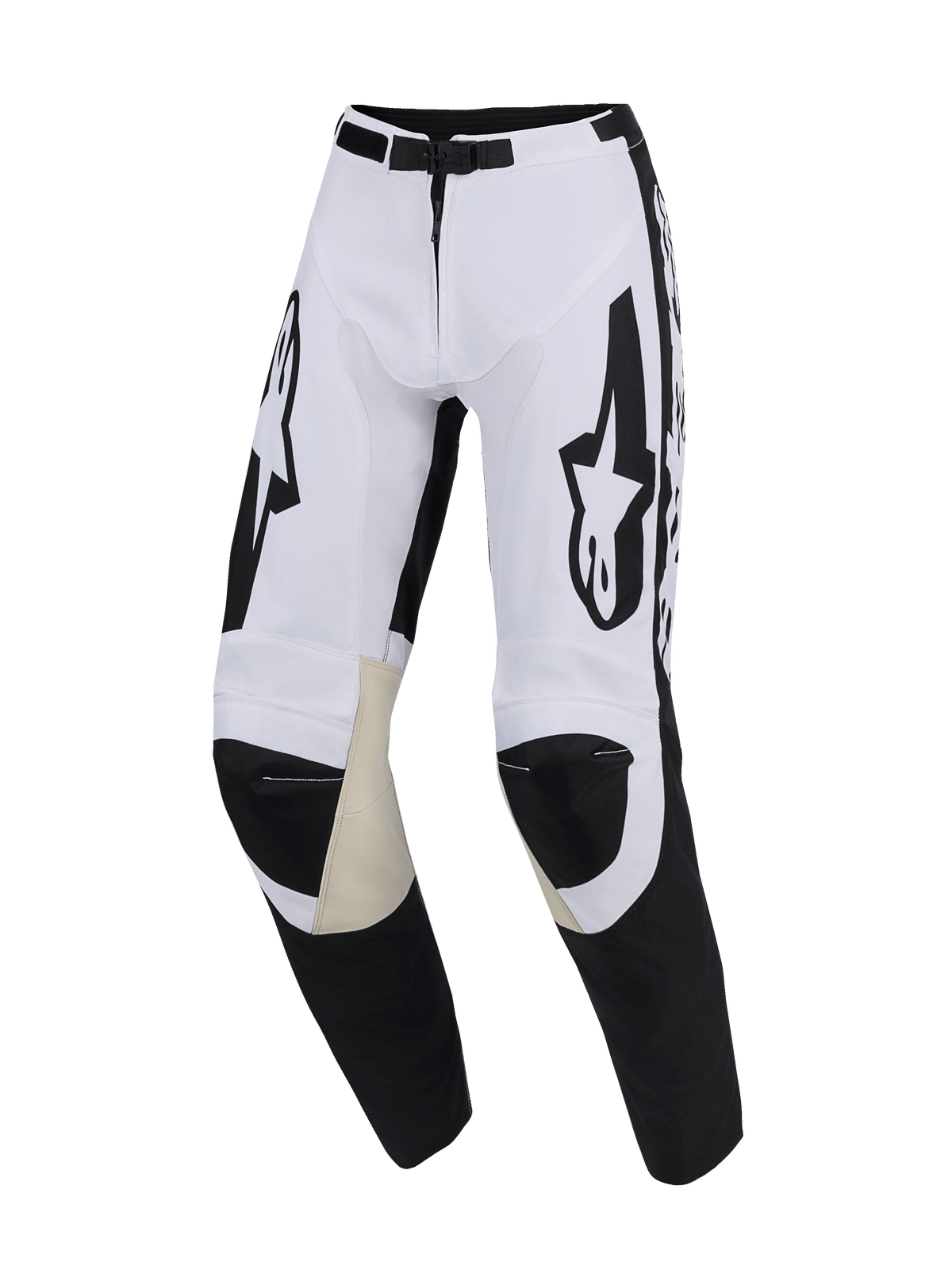 Alpinestars 2026 Racer Riway Pants, Motocross Pants, White and Black, featuring tan goat leather inner knee panels, large black Alpinestars logos on the thighs, magnetic buckle closure, and sporty pre-curved design for off-road riding