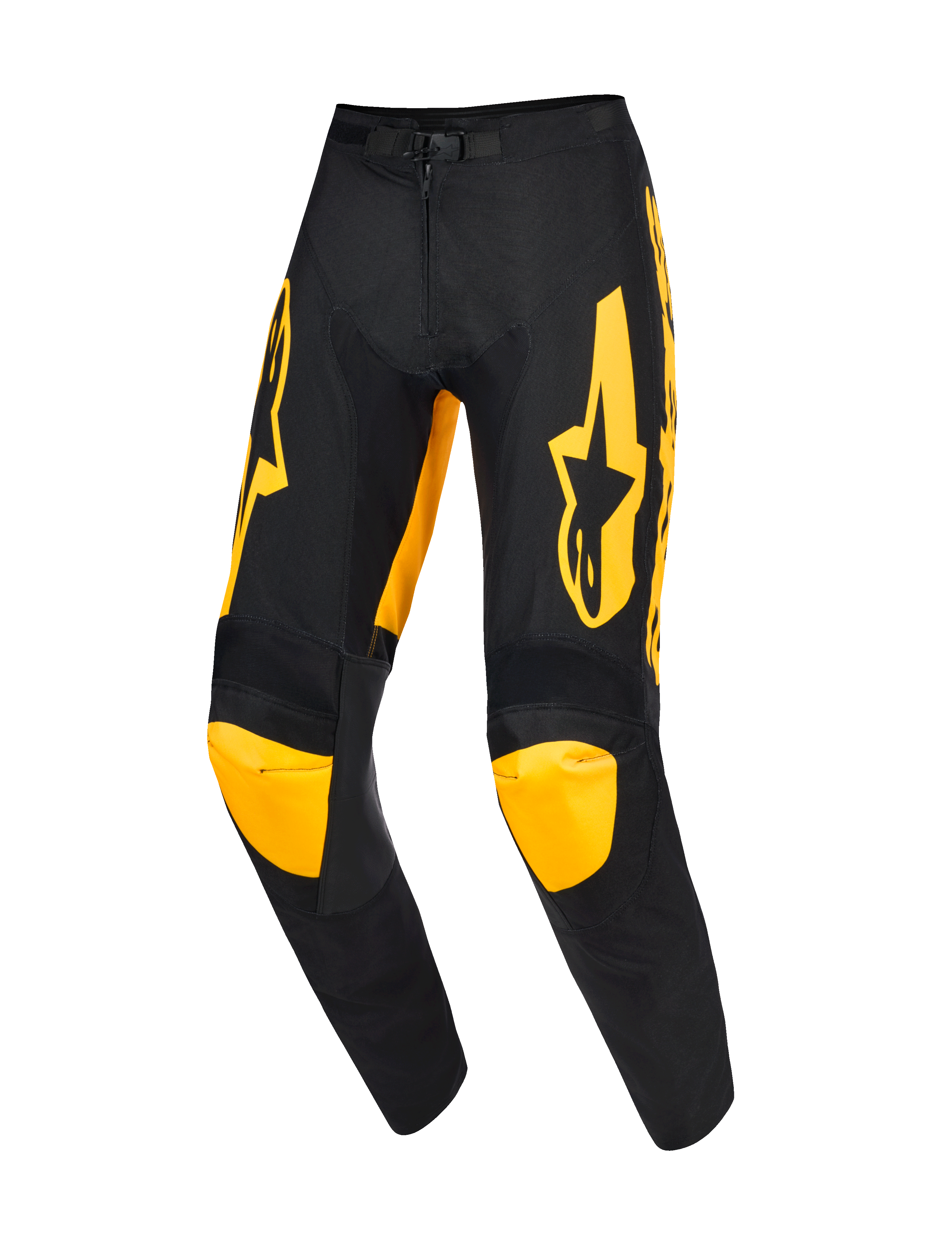 Alpinestars 2026 Racer Riway Pants, Motocross Pants, Yellow and Black, featuring bold yellow logos on the thighs and yellow knee panels, ergonomic pre-curved design, durable polyfabric construction for professional off-road racing