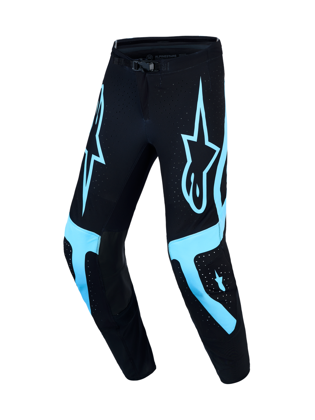 Alpinestars Supertech Vesta Motocrosshose, Schwarz und Türkis, mit athletischer Rennpassform und belüftetem Stretchgewebe.