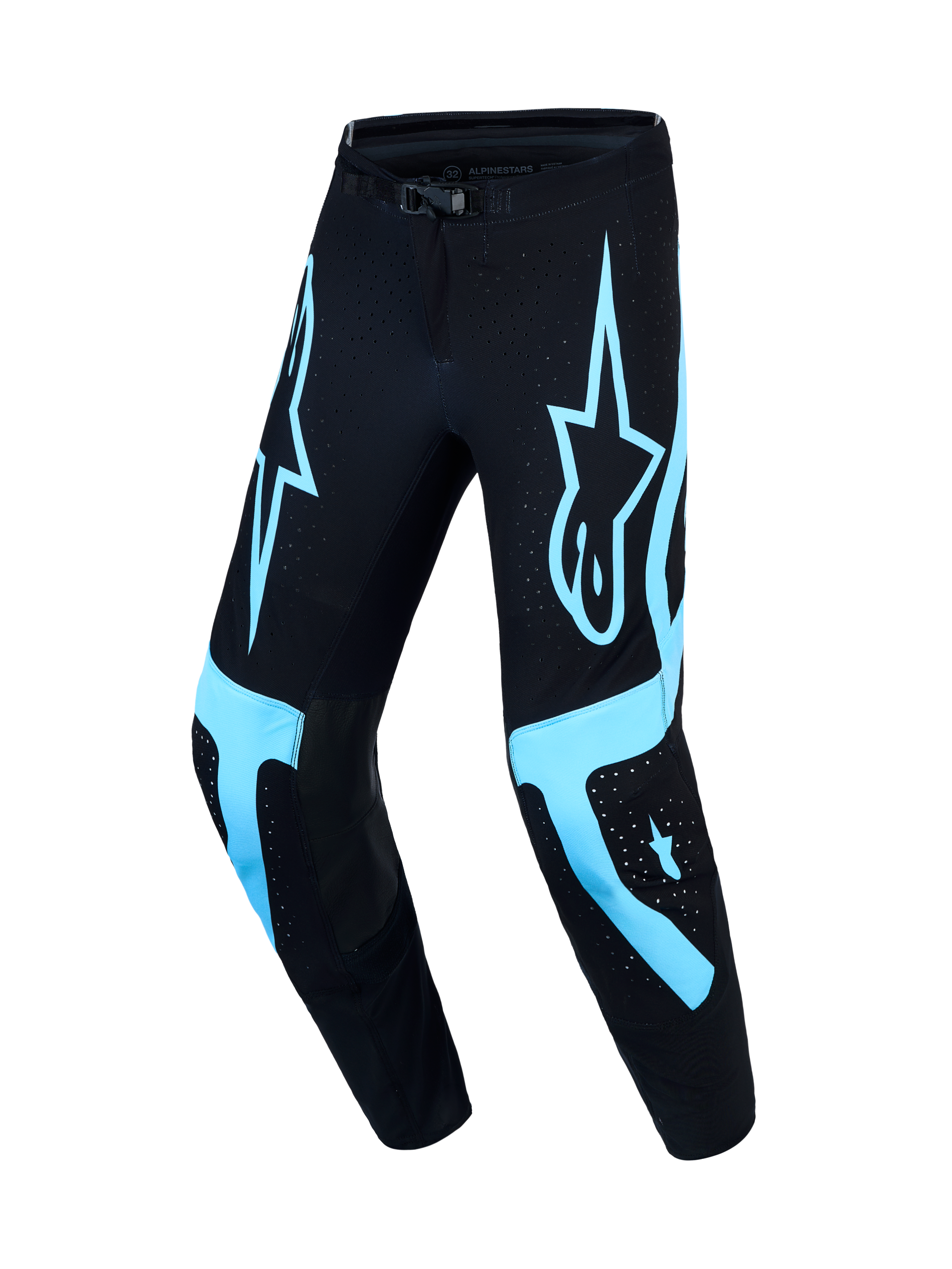 Alpinestars Supertech Vesta Motocrosshose, Schwarz und Türkis, mit athletischer Rennpassform und belüftetem Stretchgewebe.