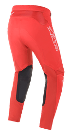Alpinestars Supertech Blaze Pants, Motocross Pants, Bright Red, rear three-quarter view showing white Alpinestars logos and black leather inner knee reinforcements, designed for off-road performance.