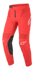 Alpinestars Supertech Blaze Pants, Motocross Racing Pants, Bright Red and Black, featuring mesh ventilation panels, black leather inner knee reinforcements, white A-star logo accents, and an adjustable waist ratchet buckle for high-performance off-road riding