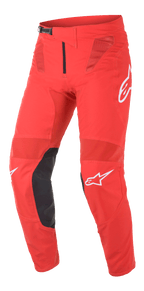 Alpinestars Supertech Blaze Pants, Motocross Racing Pants, Bright Red and Black, featuring mesh ventilation panels, black leather inner knee reinforcements, white A-star logo accents, and an adjustable waist ratchet buckle for high-performance off-road riding