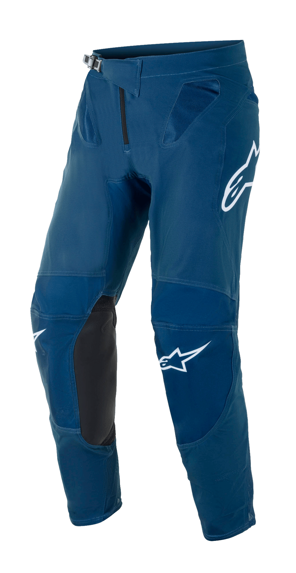 Alpinestars Supertech Blaze Hose, Motocross-Hose, Dunkelblau mit schwarzen Leder-Knieinnenseiten, weißen Logos an Oberschenkel und Bein, verstellbarer Ratschenschnalle und Mesh-Belüftungszonen an der Hüfte