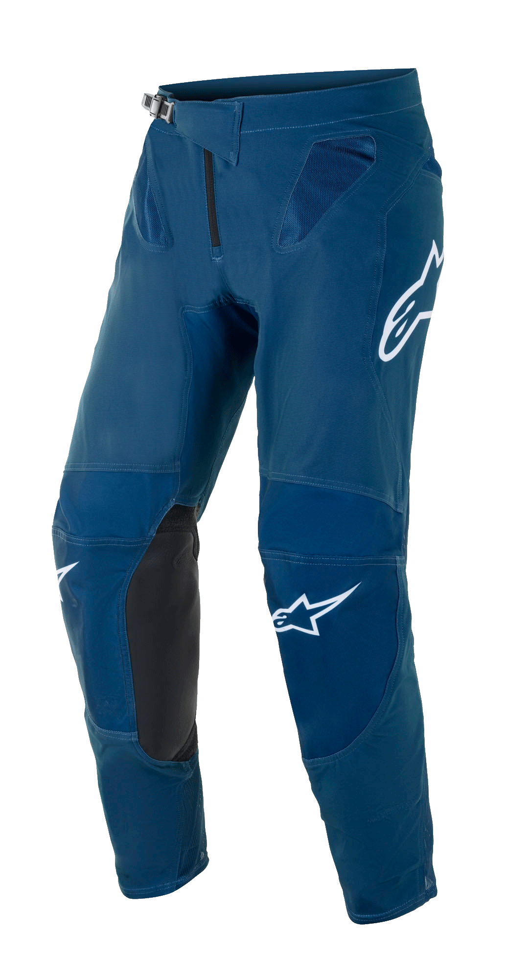 Alpinestars Supertech Blaze Hose, Motocross-Hose, Dunkelblau mit schwarzen Leder-Knieinnenseiten, weißen Logos an Oberschenkel und Bein, verstellbarer Ratschenschnalle und Mesh-Belüftungszonen an der Hüfte