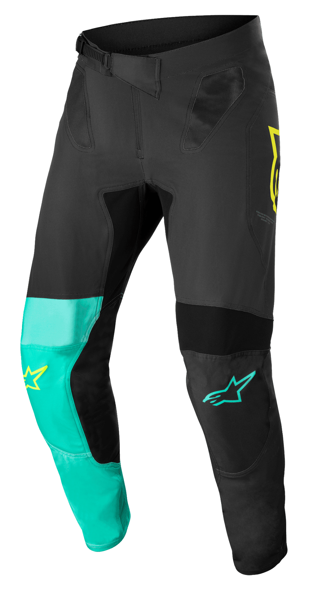 Alpinestars Supertech Blaze Hose, Motocross-Hose, Schwarz, Pastellgrün und Gelb Fluo, mit asymmetrischen Beineinsätzen, gelben und türkisfarbenen Stern-Logos, Mesh-Belüftungseinsätzen und verstellbarem Ratschenverschluss-Gürtel für den Offroad-Rennsport