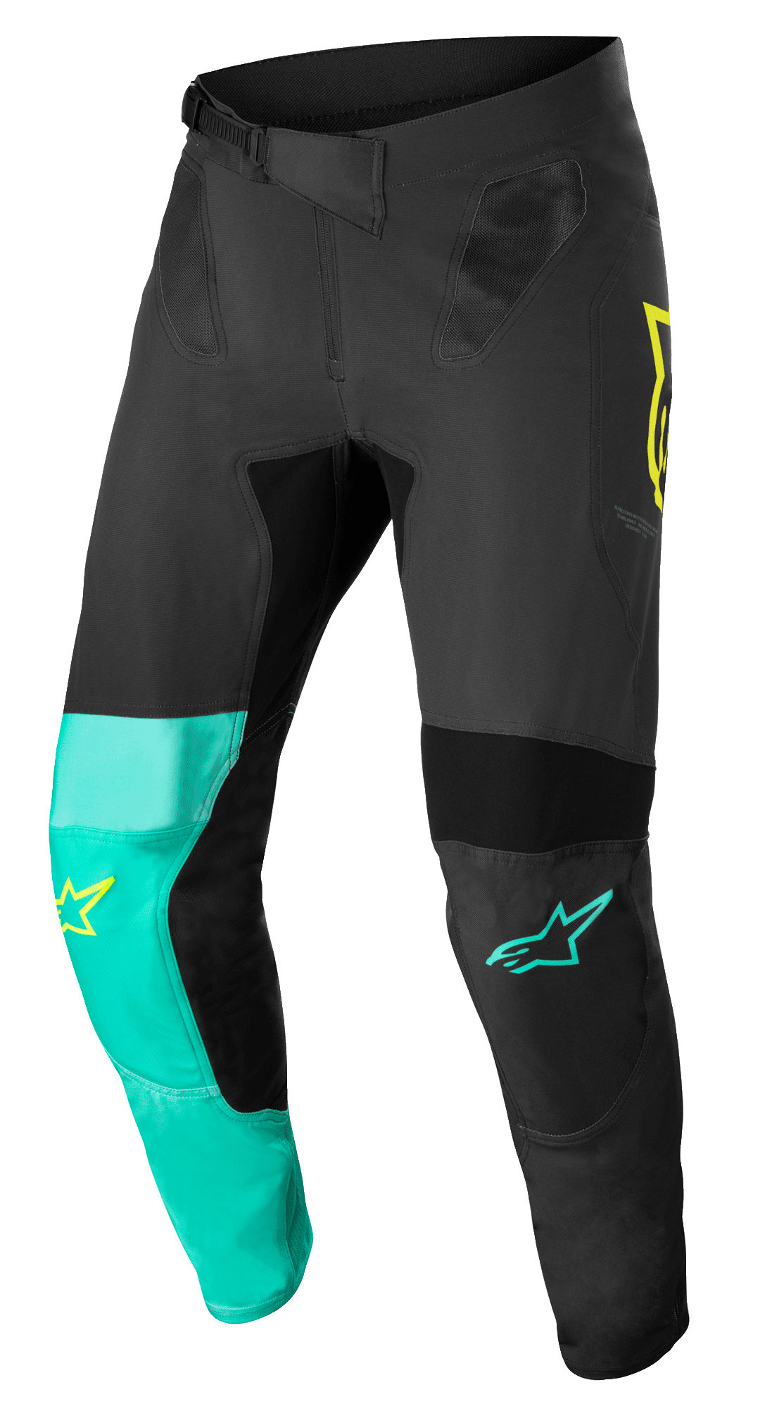 Alpinestars Supertech Blaze Hose, Motocross-Hose, Schwarz, Pastellgrün und Gelb Fluo, mit asymmetrischen Beineinsätzen, gelben und türkisfarbenen Stern-Logos, Mesh-Belüftungseinsätzen und verstellbarem Ratschenverschluss-Gürtel für den Offroad-Rennsport