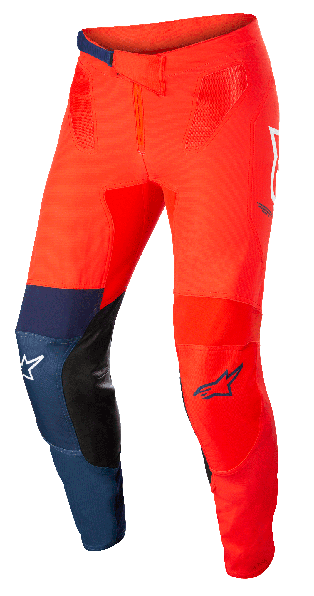 Alpinestars Supertech Blaze Hose, Motocross-Offroad-Hose, Hellrot und Dunkelblau mit weißen Akzenten, schwarze Leder-Knieeinsätze an der Innenseite, verstellbarer Ratschenverschluss am Bund, weiße und blaue Alpinestars-Logos, strapazierfähige Stretch-Konstruktion für Motocross-Rennen
