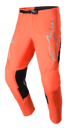 Alpinestars 2023 Supertech Risen Pants, Motocross Racing Pants, Hot Orange and Black, featuring a gray star logo on the thigh, adjustable buckle closure, perforated ventilation zones, and reinforced black inner leg panels.