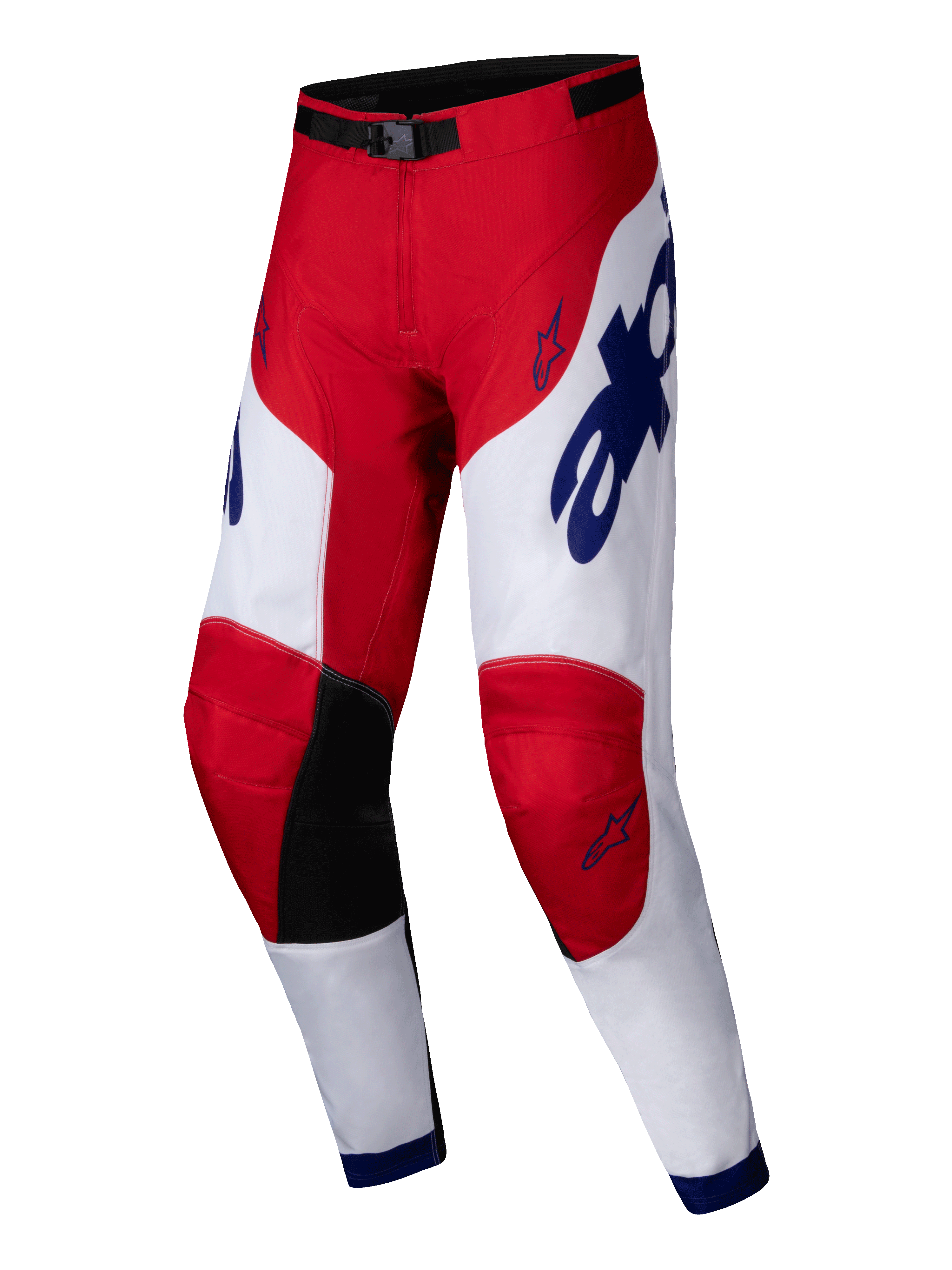 Alpinestars 2025 Racer Veil Hose, Motocross-Hose, Hellrot und Weiß mit blauen Akzenten, schwarze Knie-Innenpaneele, ergonomisches, vorgeformtes Design, markantes Branding und Stern-Logos, strapazierfähige Ausrüstung für Offroad-Rennen