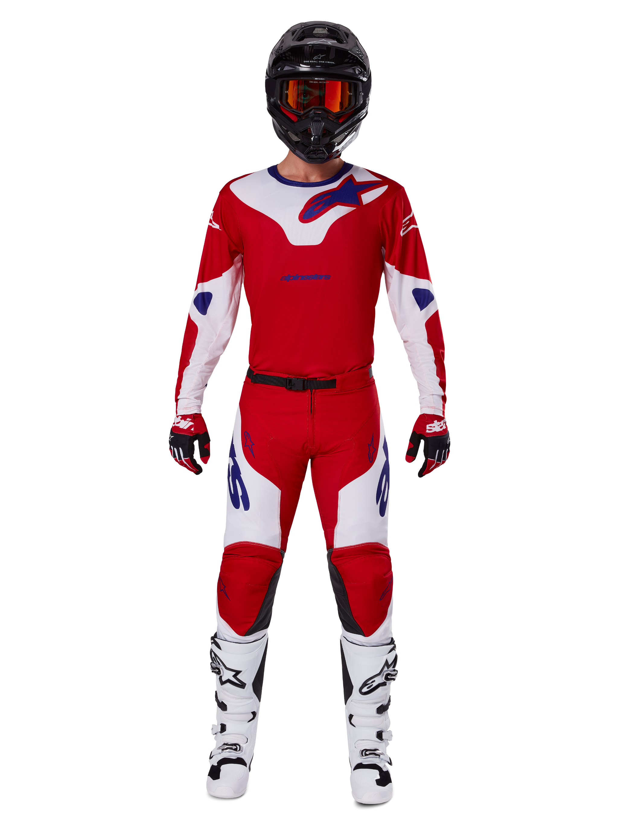 Alpinestars 2025 Racer Veil Hose und komplettes Motocross-Ausrüstungsset, Leuchtendes Rot und Weiß mit blauen Akzenten, mit passendem Trikot, schwarzem Helm mit orangefarbener Brille, weiß-schwarzen Stiefeln und roten Handschuhen, koordinierter Performance-Look für Offroad-Rennen