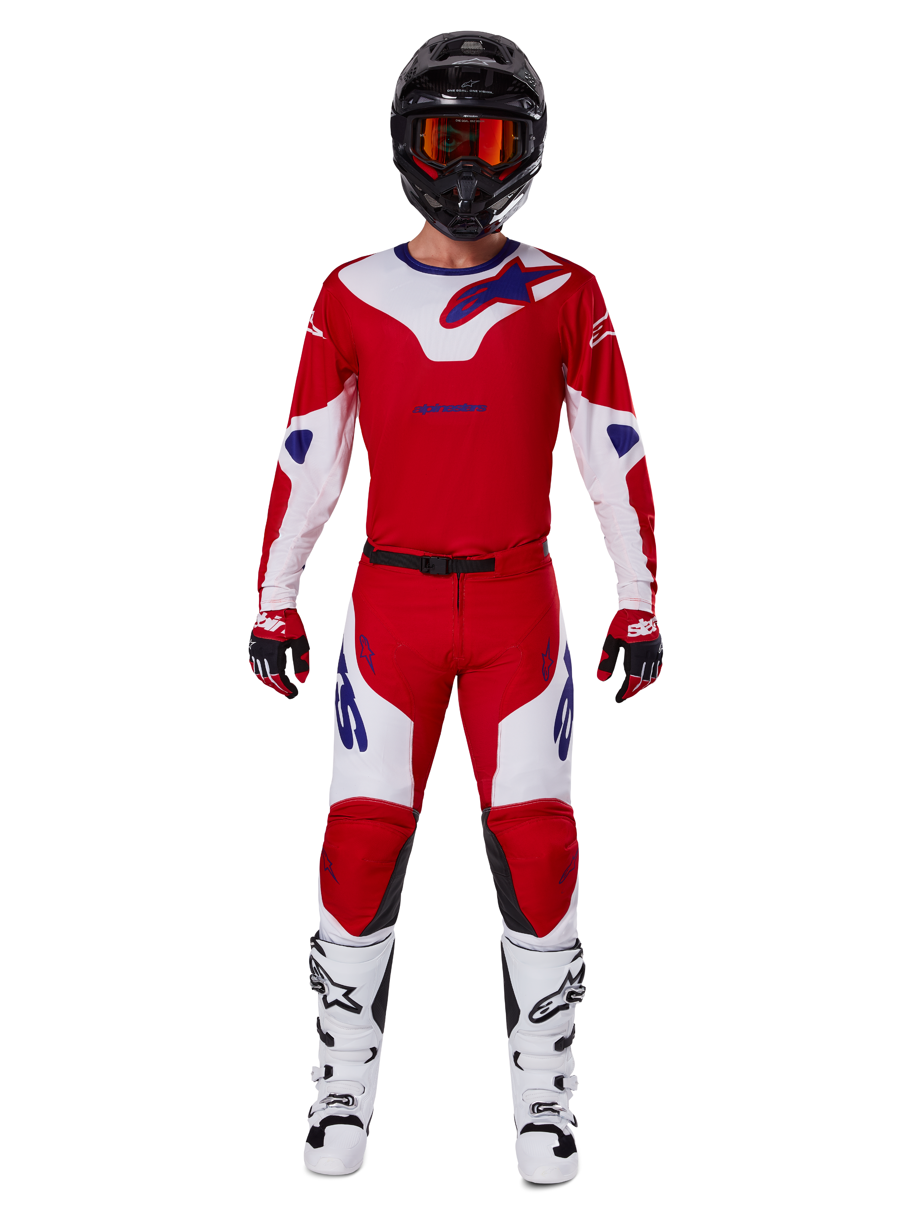 Alpinestars 2025 Racer Veil Hose und komplettes Motocross-Ausrüstungsset, Leuchtendes Rot und Weiß mit blauen Akzenten, mit passendem Trikot, schwarzem Helm mit orangefarbener Brille, weiß-schwarzen Stiefeln und roten Handschuhen, koordinierter Performance-Look für Offroad-Rennen
