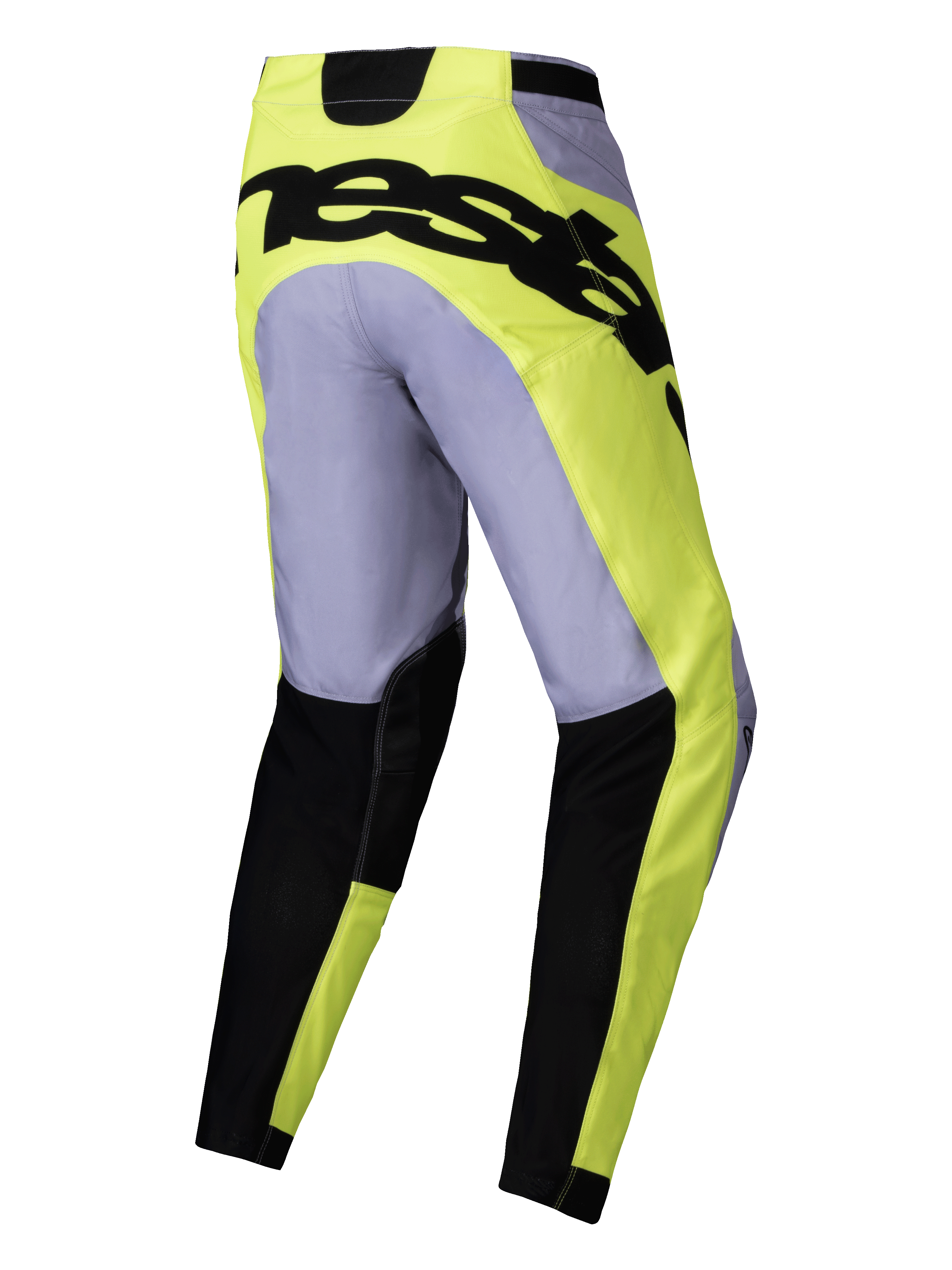 Alpinestars 2025 Racer Veil Pants, Motocross Pants, Gray and Yellow Fluo, rear view featuring bold black branding across the seat, lightweight technical design with black lower leg sections and pre-curved fit