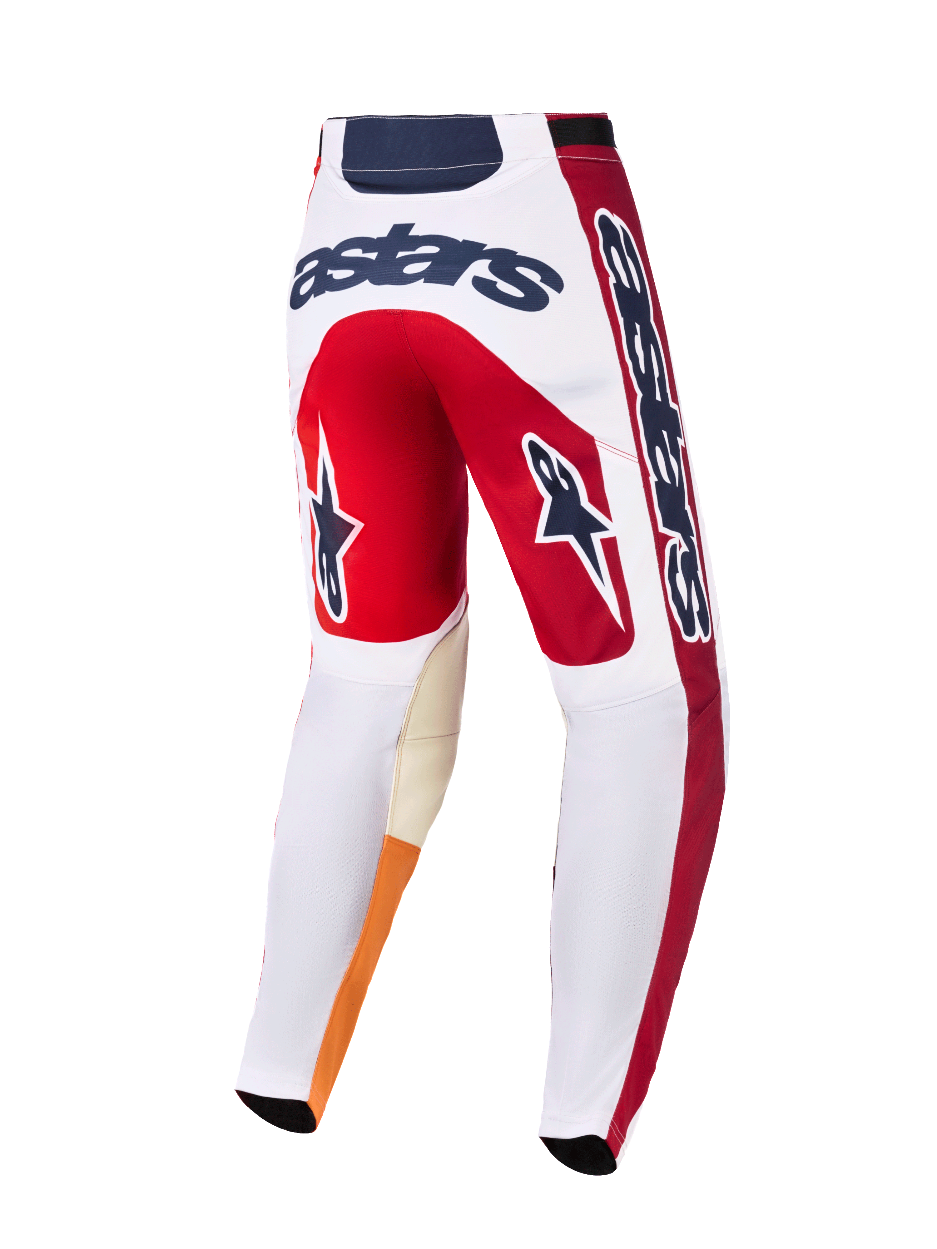 Alpinestars 2026 Racer Portl Hose, Motocross-Hose, Rot, Weiß und Dunkelgrau, Rückansicht mit markantem „astars“-Logo auf der Rückseite, Stern-Icons auf den Beinen, strapazierfähiges Material mit verstärkten Knieinnenseiten für den Offroad-Rennsport