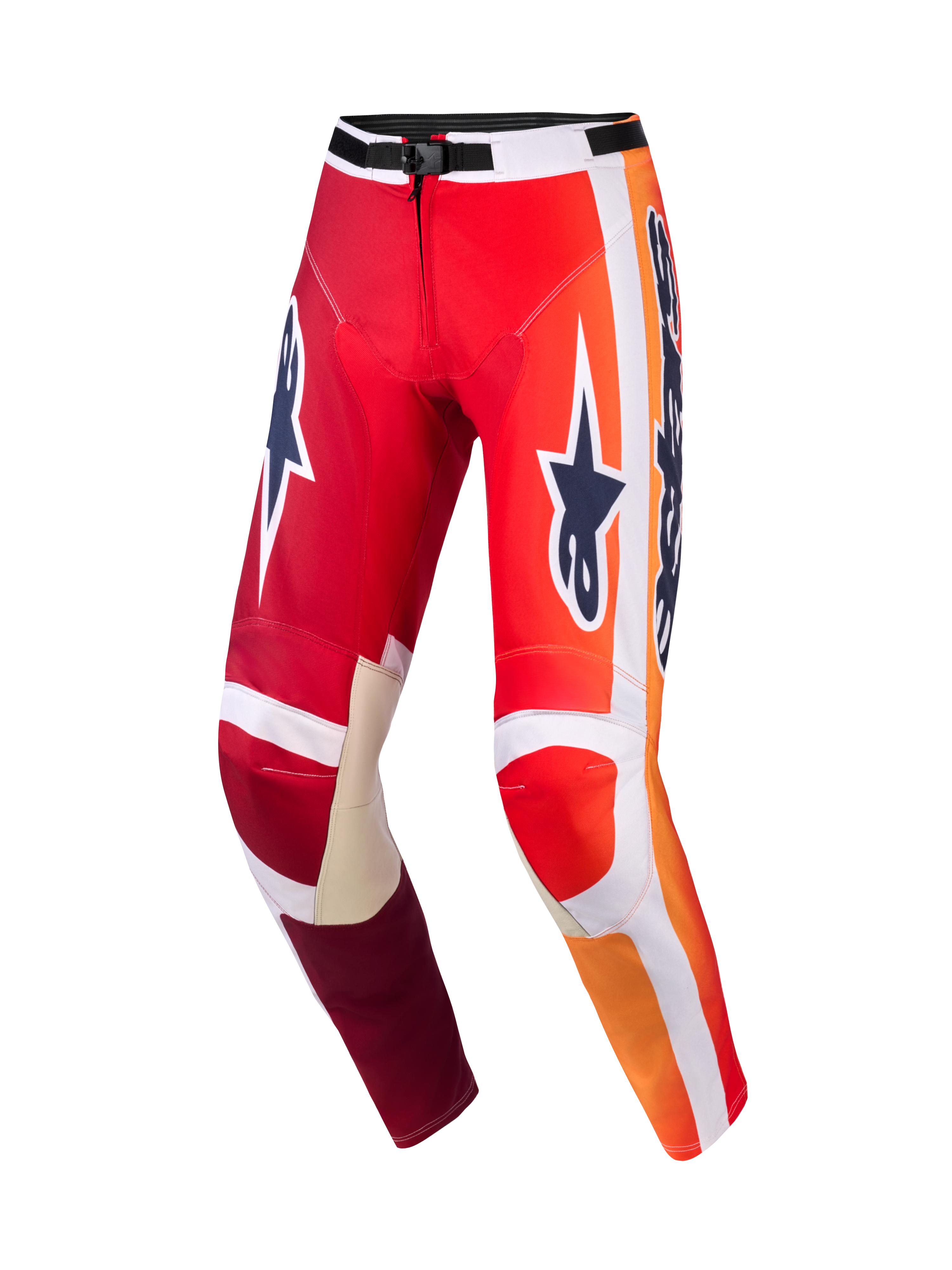 Alpinestars 2026 Racer Portl Hose, Motocross-Hose, Rot und Hellgrau mit dunkelgrauen Logos, leuchtende orangefarbene Farbverläufe und weiße Streifen, großes Astar-Branding auf den Oberschenkeln, hellgraue Lederverstärkungen an den Knieinnenseiten, schwarze Taillenschnalle, strapazierfähige Ausrüstung für den Offroad-Rennsport