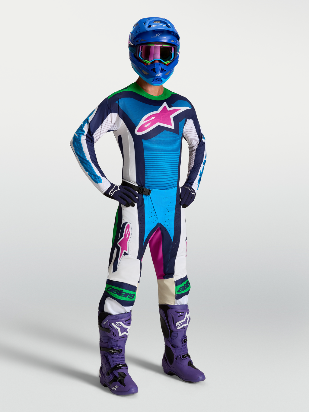 Alpinestars Techstar Maven Hose UND Techstar Maven Gear Set, blau-weißes Herren-Motocross-Outfit mit neongrünen Akzenten.